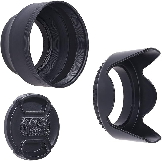 49mm Set of 2 Camera Lens Hoods and 1 Lens Cap - Rubber (Collapsible) + Tulip Flower - Sun Shade/Shield - Reduces Lens Flare and Glare - Blocks Excess Sunlight for Enhanced Photography