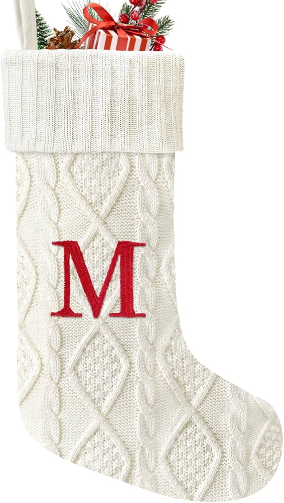 21 Inches Knitted Christmas Stockings with Initials, Large White Custom Monogram Embroidery Christmas Stockings with Letter, Personalized Xmas Decoration for Holiday Family Party-M