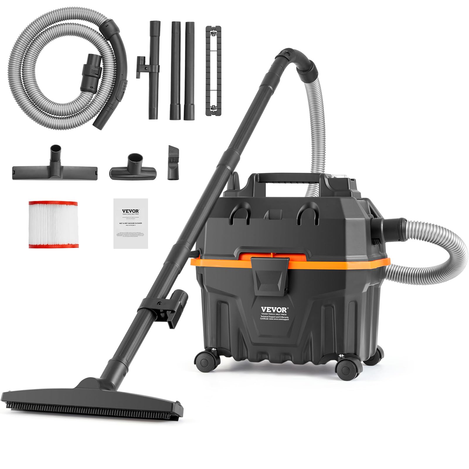 VEVOR Aspirapolvere per umidi asciutti 15 litri, Aspirapolvere portatile commerciale, 5 HP max., Aspirazione con ugello a rotelle, Aspirapolevere per tappeti, detriti, pelianimali domestici, Nero