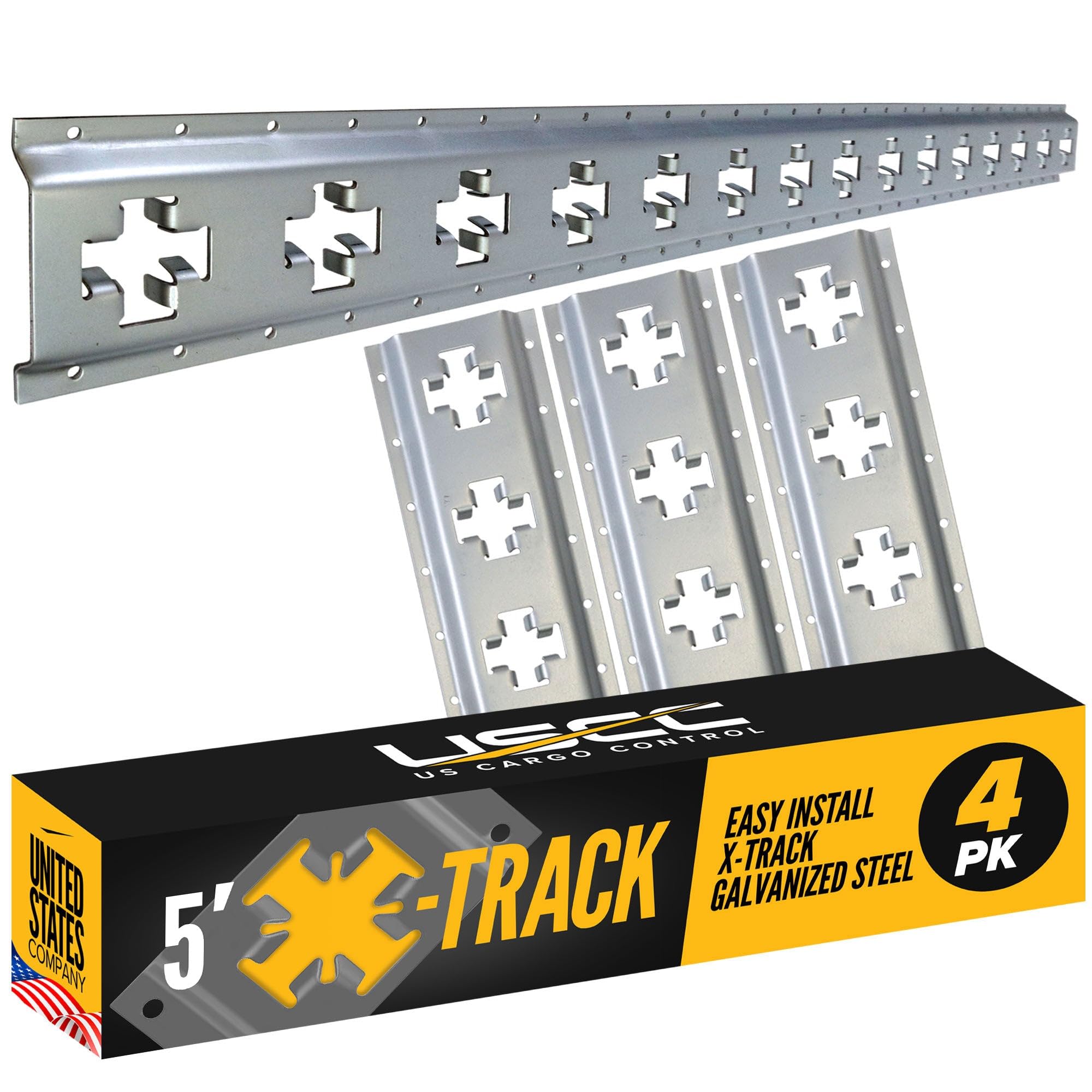 US Cargo Control X Track Rails (4-Pack), 5 FT Galvanized X-Track Rail for Trailers, Pickup Trucks, Garages, and Sheds - Use with E-Track Straps for Vertical and Horizontal Alignment