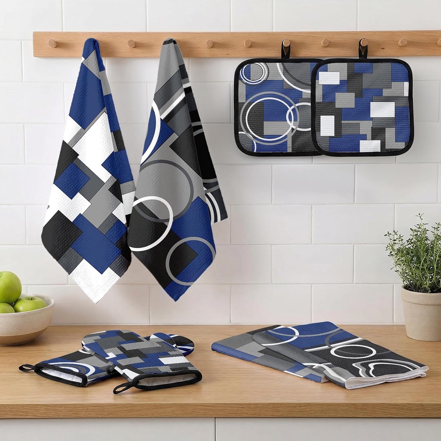 Blue Grey Kitchen Decor Set,Blue Kitchen Towels, 8 Pack