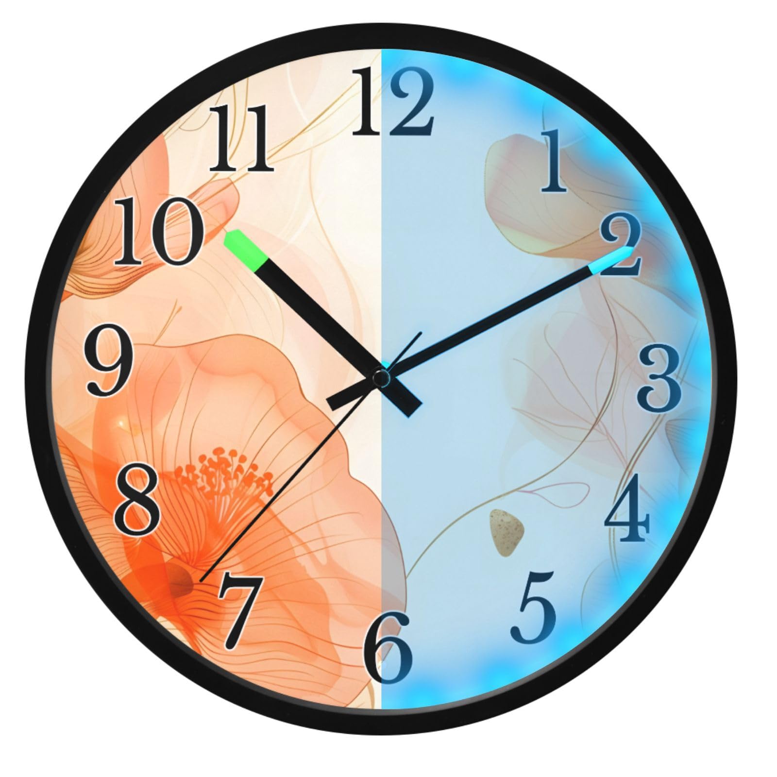 Mnsruu Reloj de pared luminoso naranja con copias de flores, hojas de plantas, reloj de dormitorio, funciona con pilas, reloj silencioso que brilla en la oscuridad, para sala de estar, cocina, 12