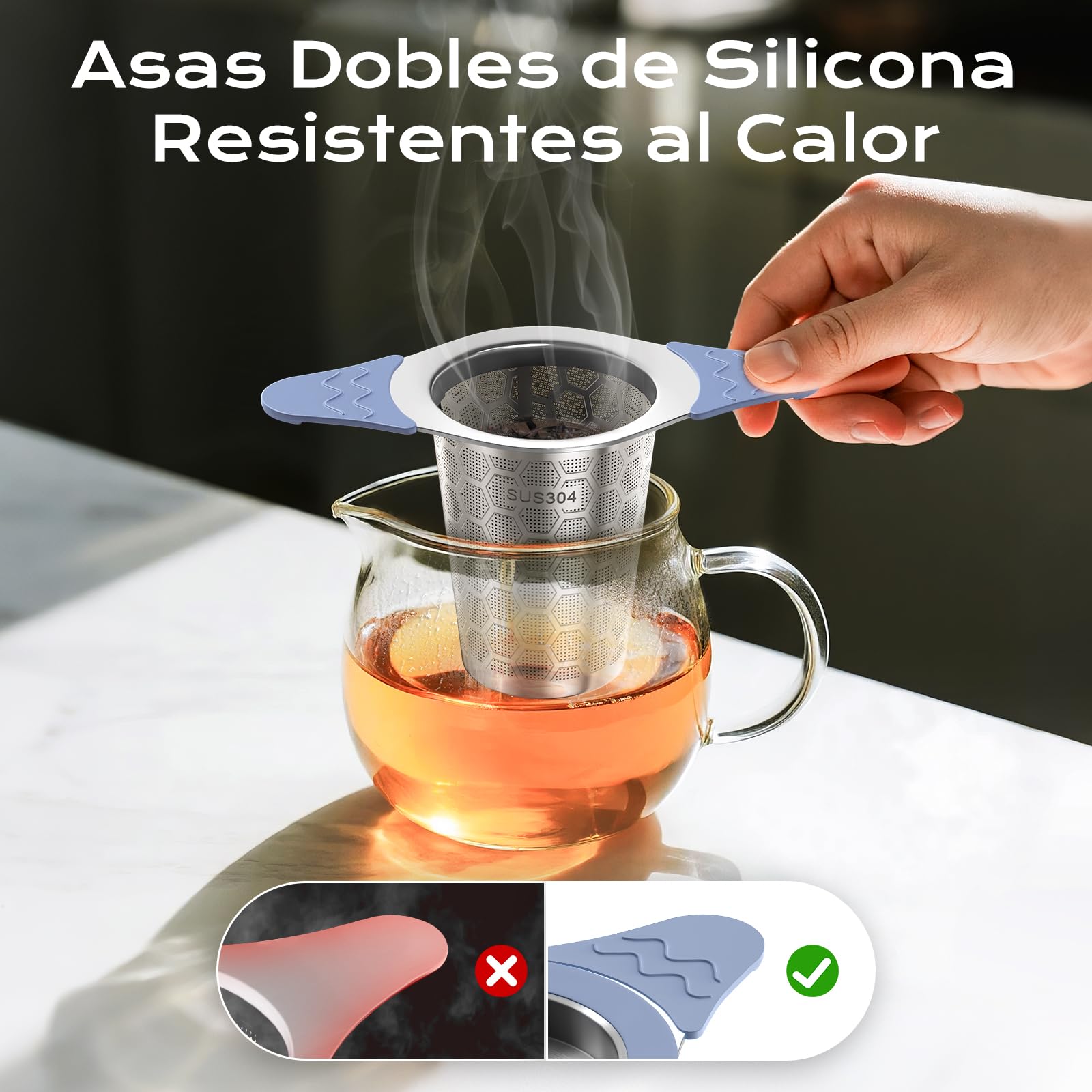 yomanta infusor de te 304 Acero Inoxidable，Coladores de té para té suelto，Con tapa y asa de silicona resistente al calor，Apto para teteras, tazas de té y tazas