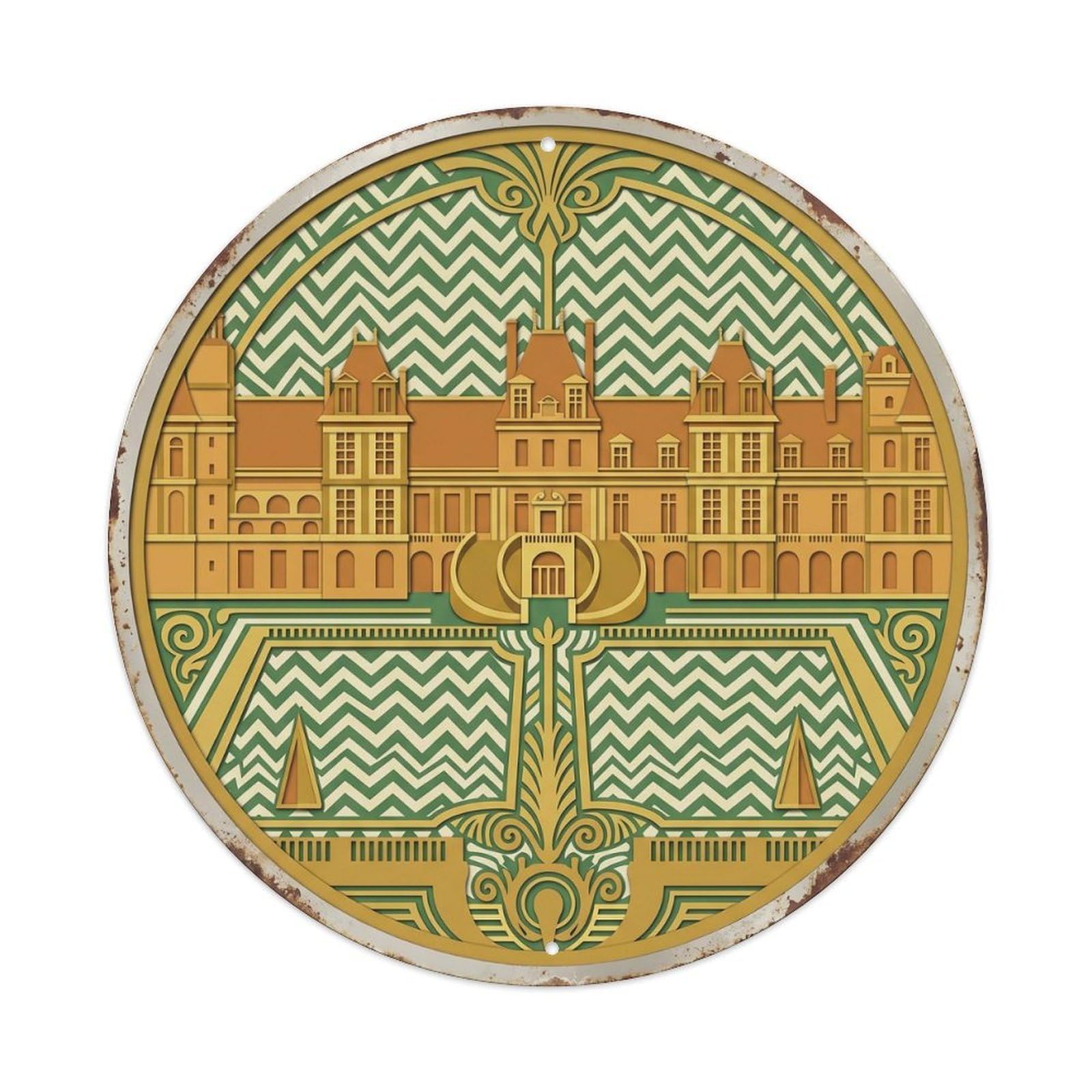 Fontainebleau Layered Palace Travel Metal Tin Sign Plaque Wall Decor for Cafe, Club, Garden Round Metal Poster 8x8Inch