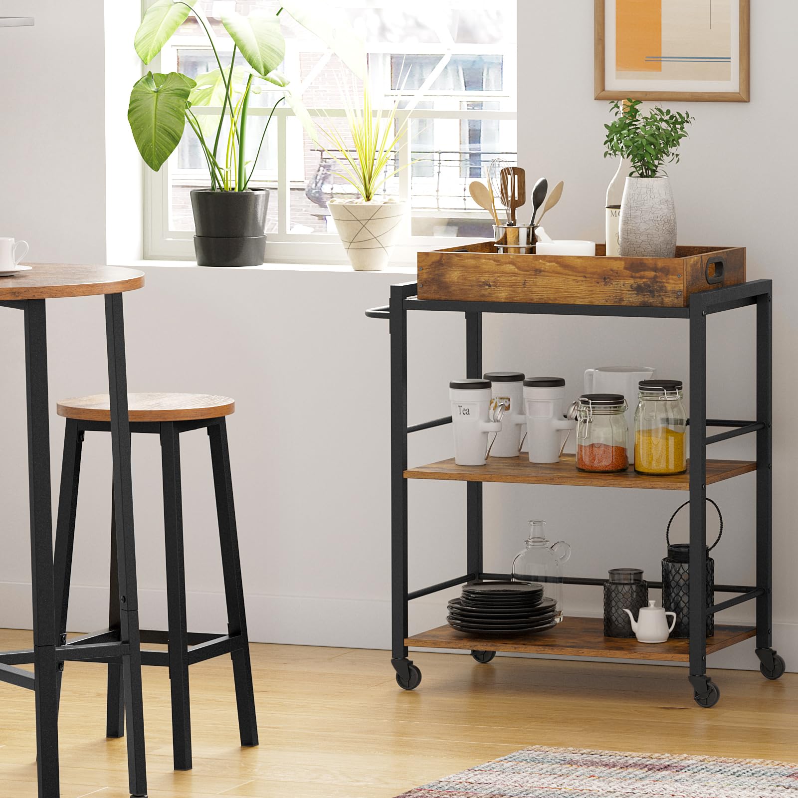 VASAGLE Carrello da Cucina con Vassoio Rimovibile, Carrello Portavivande Fisso o con Ruote, Struttura in Acciaio, Scaffale Cucina 40 x 72 x 86 cm, Marrone Vintage e Nero Inchiostro LRC72X