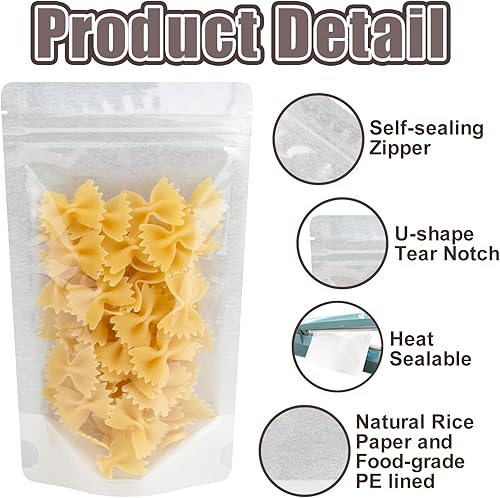 Miniatura 2 de Muka 50 bolsas reutilizables de papel de arroz para almacenamiento de alimentos con ventana transparente Ziplock, bolsas de sellado térmico para
