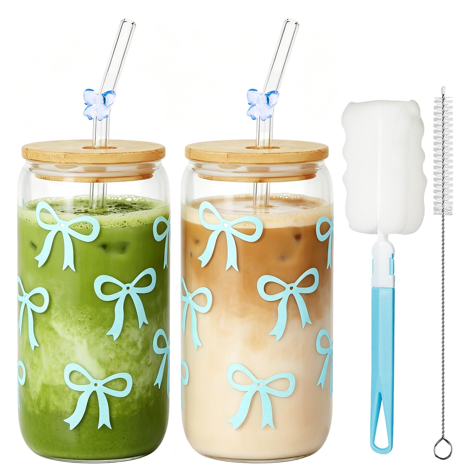 Mssushi 2Pcs Bow Glass Cups with Lids and Straws, 16OZ Cute Clear Iced Coffee Cup, Aesthetic Gifts for Girls, Birthday Gifts for Women, Matcha Cups for Bubble Tea, Juice (Blue Bow)