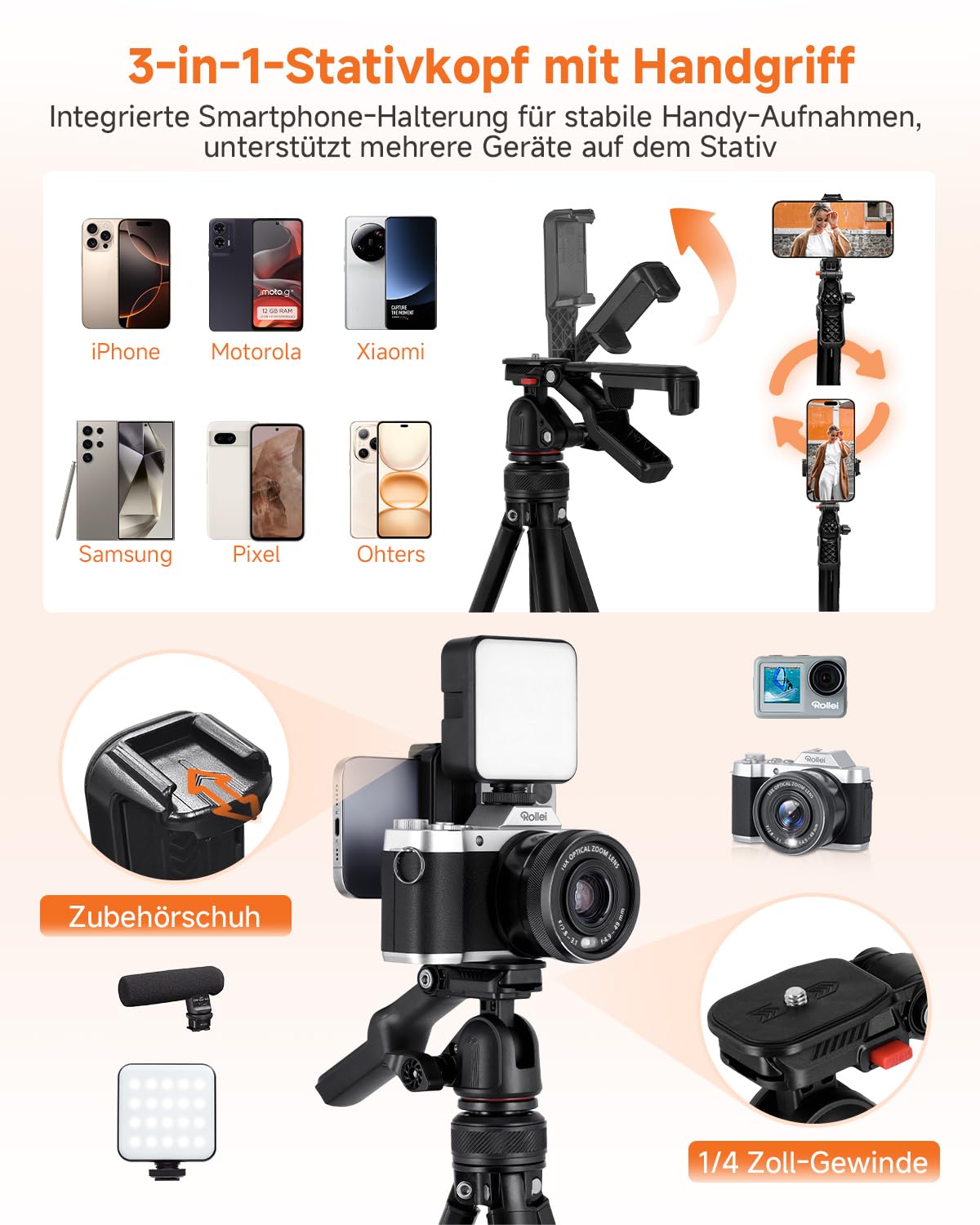 Rollei Compact Creator Stativ Kamera, 152cm Reisestativ aus Aluminium Leicht & Platzsparend Fotostativ mit Integrierte Handy-Halterung & Fernauslöser für DSLR & Handy, Kamera-Stativ-Reisestativ-Tripod