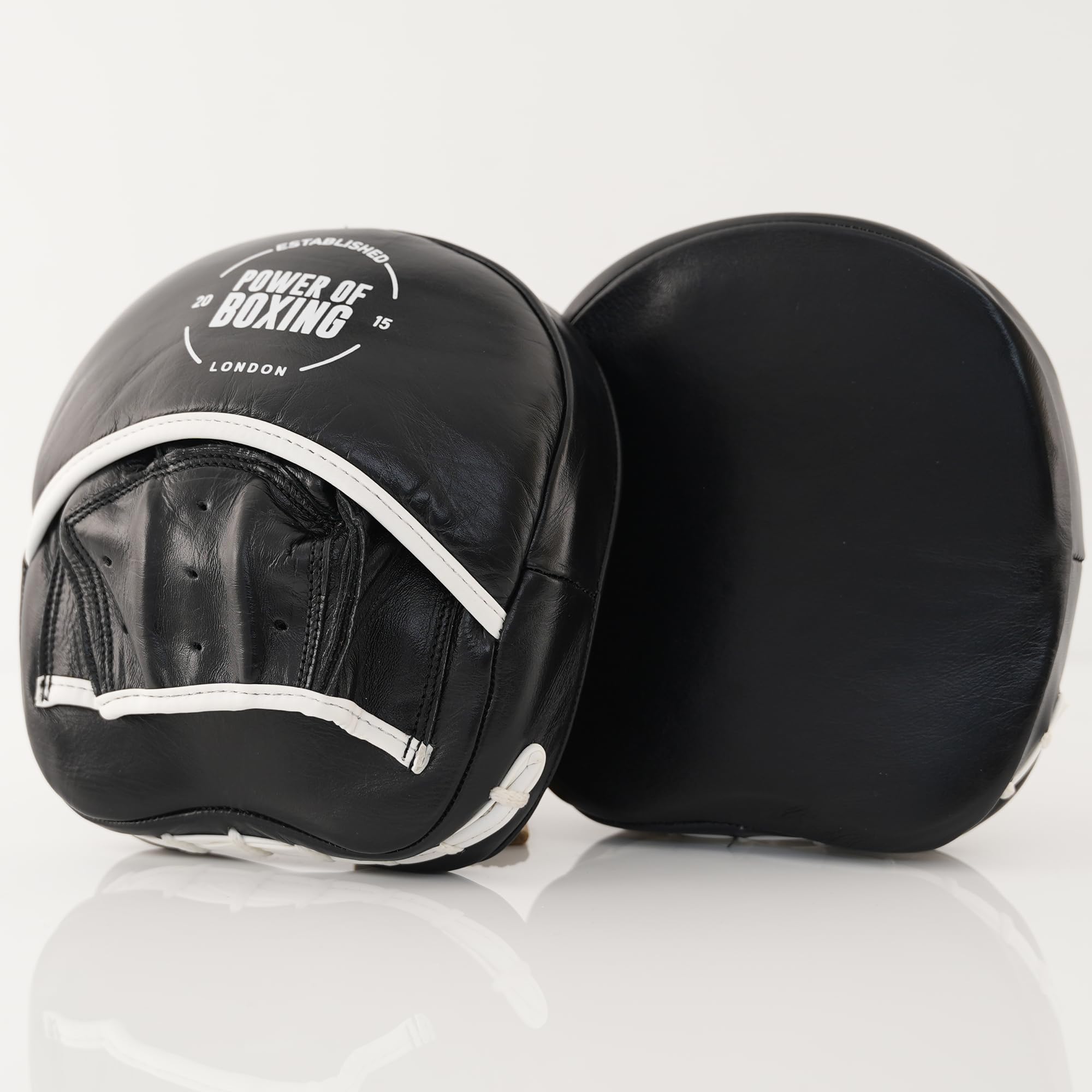 POWER OF BOXING Focus Mitts, 100% Cowhide Leather Boxing Pads, Curved Kickboxing Pads, Focus Pads for MMA, Muay Thai, Karate, Martial Arts and Coaching, Boxing Mitts for Training (Black)