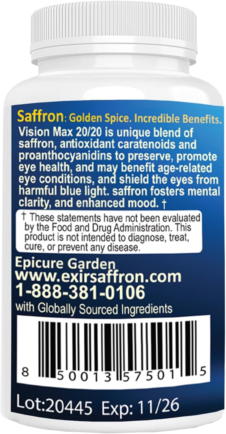 EXIR Eye Vitamin Supplement | Saffron, Curcumin, Astazanthin - Supports Eye Health, Visual Comfort & Focus, VM20-60 Capsules