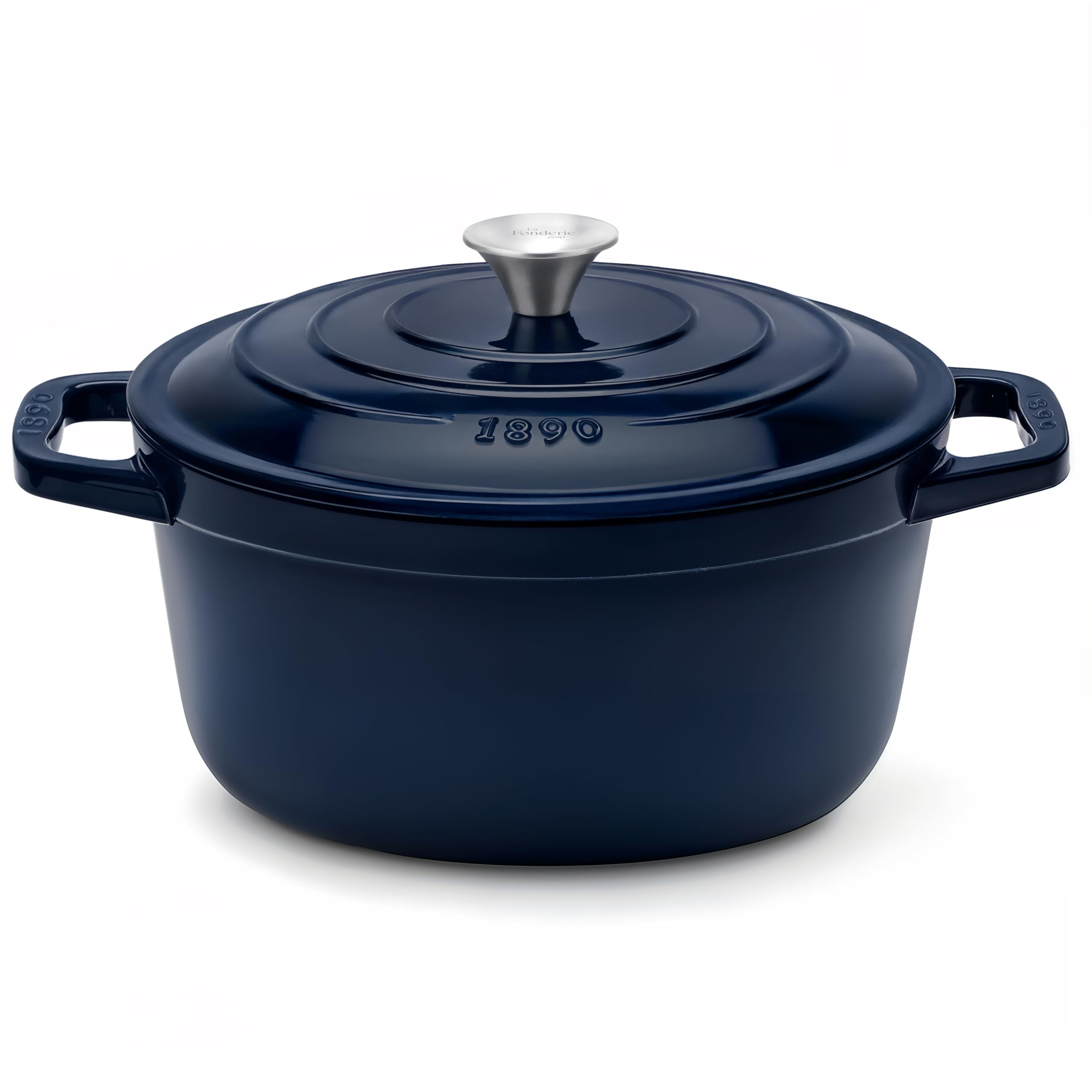 Pentola rotonda in ghisa smaltata ALMA25, capacità 4,7 L, compatibile con induzione, gas, elettrico, grill e forno, coperchio in ghisa, ideale per stufare e arrostire, blu navy