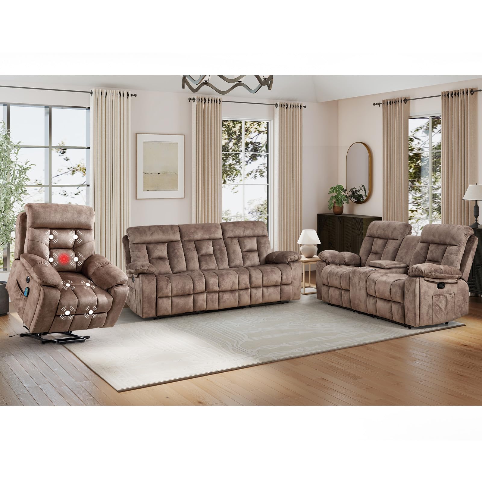 EBELLO 3 Pieces Power Lift Recliner Set with Massage and Heat