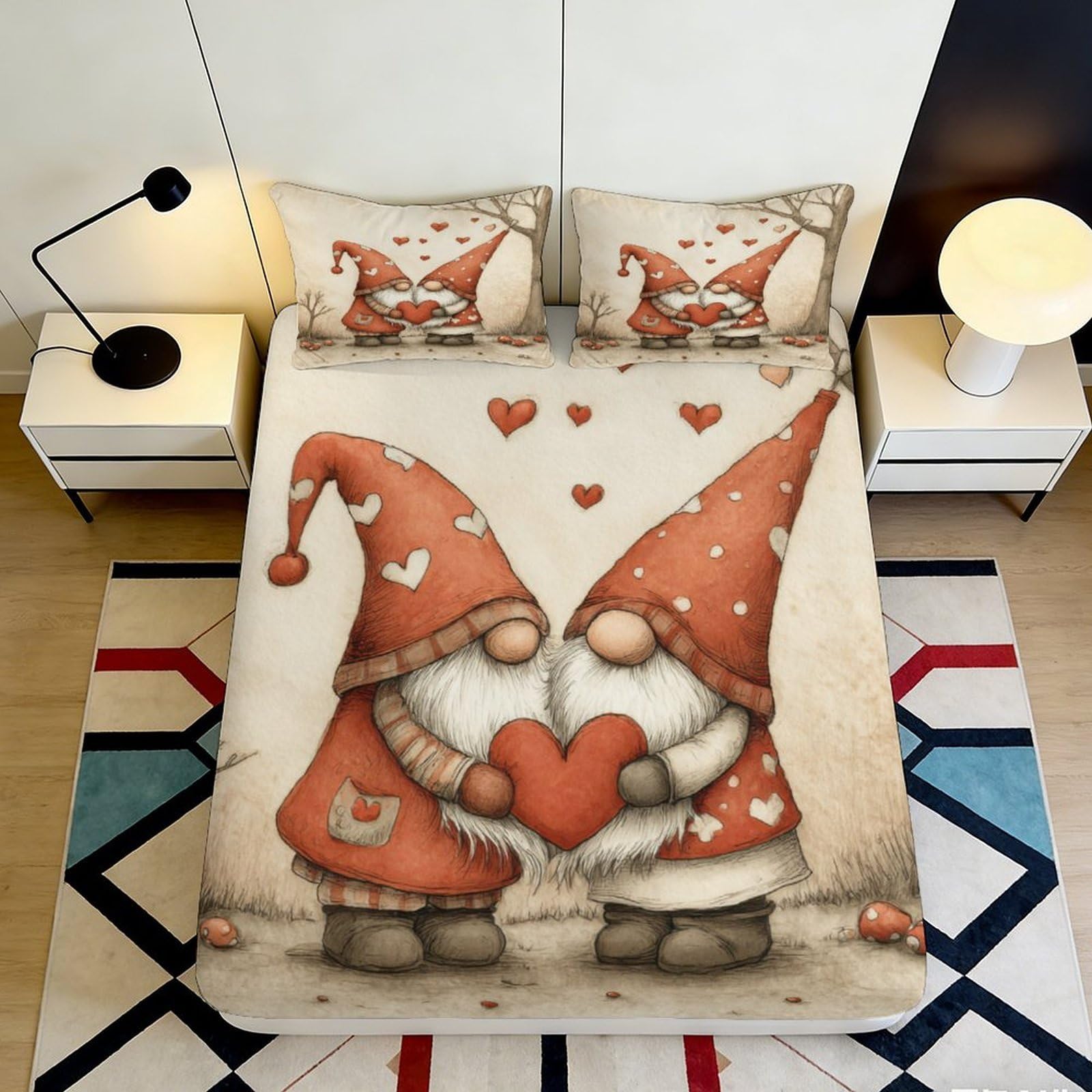 3D Printed Red Gnome Heart Fitted Sheet Microfiber Bedroom Decor Valentine Love Bed Cover for Home Guest Room 90x200x25cm