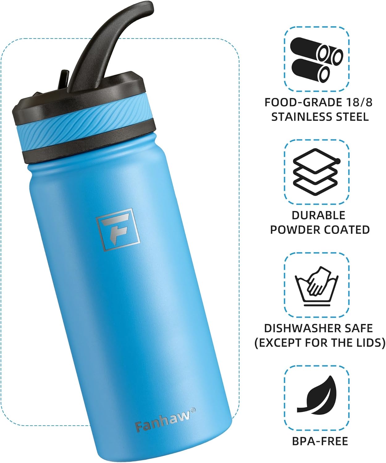 Fanhaw 18 Oz Kids Insulated Water Bottle with Straw Lid – Stainless Steel Double Wall Vacuum, Leak-Proof, BPA-Free Water Bottles for School Boys & Girls(Sky Blue) - Image 3