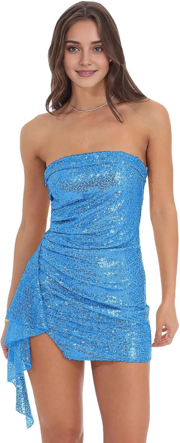 Sequin short homecoming dress for teens with strapless ruched design