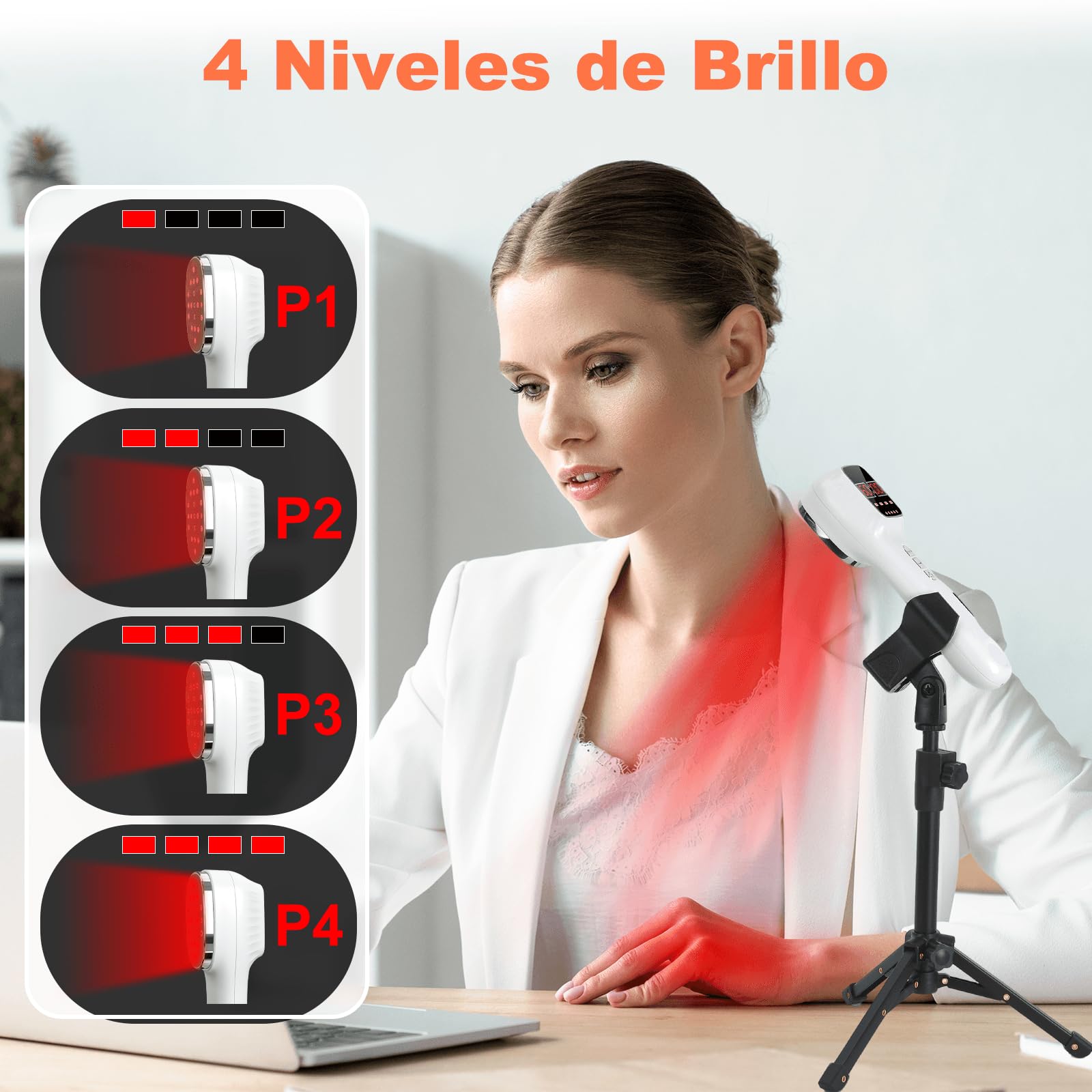 Dispositivo portátil con luz roja y soporte, 16×650 + 3×808 Cuatro modos de funcionamiento y función de temporizador con 12 niveles El dispositivo con luz roja una pantalla LED y gafas protectoras