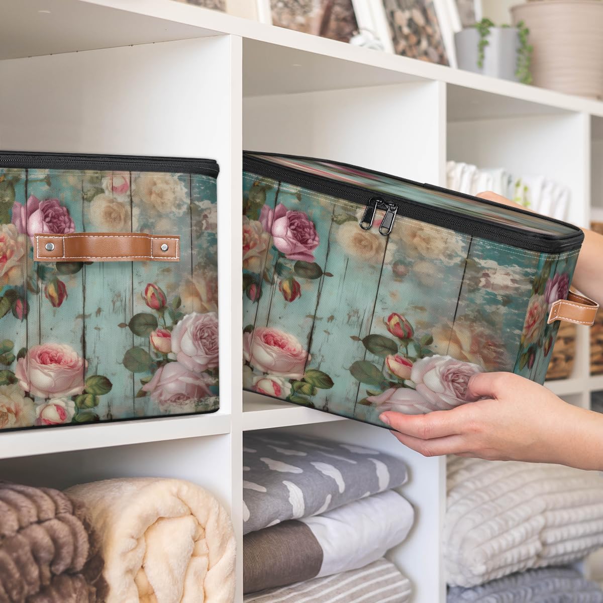 Storage Bin Set of 2 Wooden Rose Storage Basket with Zipper Lid & Handle Foldable Closet Shelf 2 Pack Cloth Organizer Basket Cube Bins Clothes Organizer for Bedroom, Nursery