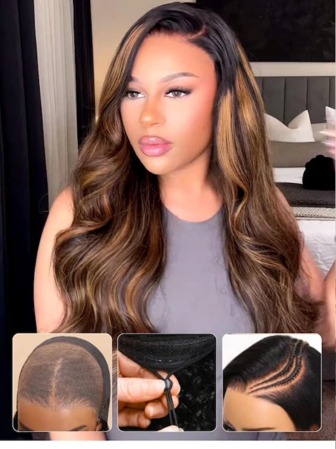 Beauty Forever Balayage Brown Body Wave Glueless Human Hair Wig, Wear and Go Wig for Beginners, 7x5 Lace Pre Plucked Pre Cut Bleached Knots, No Glue Drawstring Cap, Natural Look 150% Density 18 inch — view 3