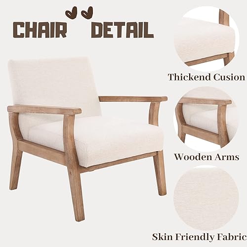 Miniatura 6 de Silla decorativa beige de mediados de siglo, moderna silla de madera para sentarse, silla auxiliar tapizada de tela de lino, cómoda silla para sala