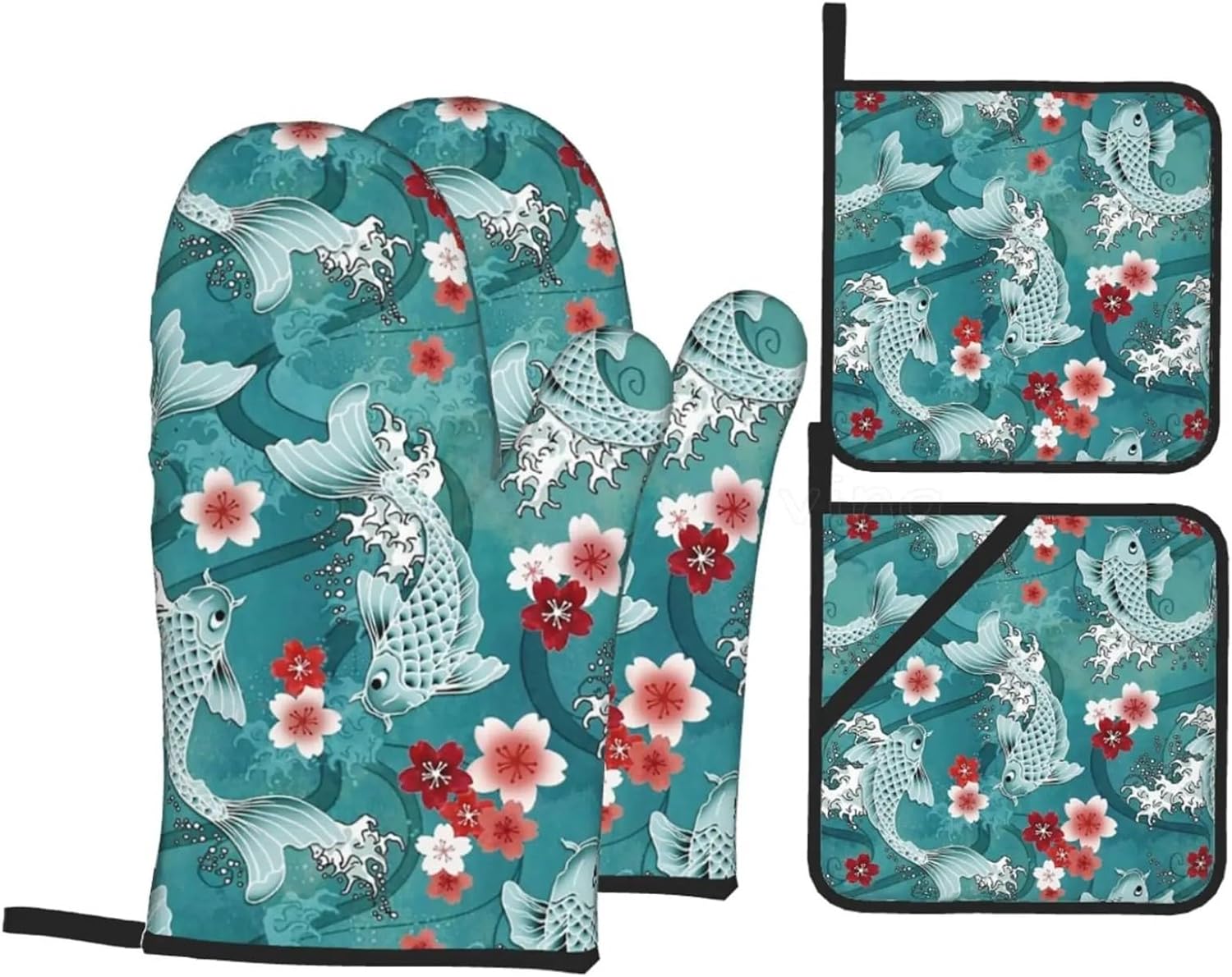 Cool Koi Cherry Sakura Blossom Oven Mitts and Pot Holders Sets of 4 Non-Slip Cotton Lining Gloves(Red and Balck)