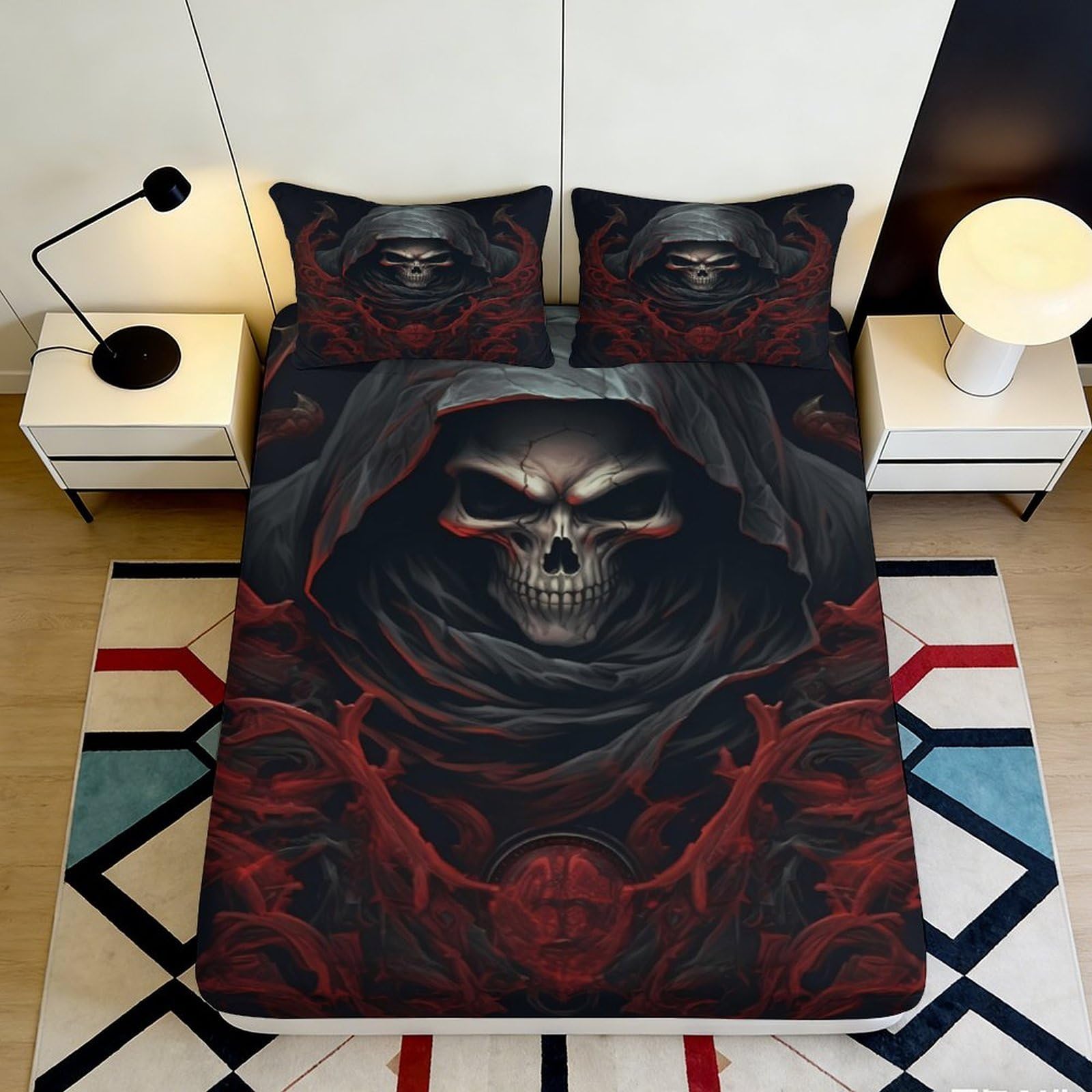 3D Printed Grim Reaper Fitted Sheet Microfiber Soft Black Red Skull Mattress Cover for Bedroom Dorm Decor 90x200x25cm