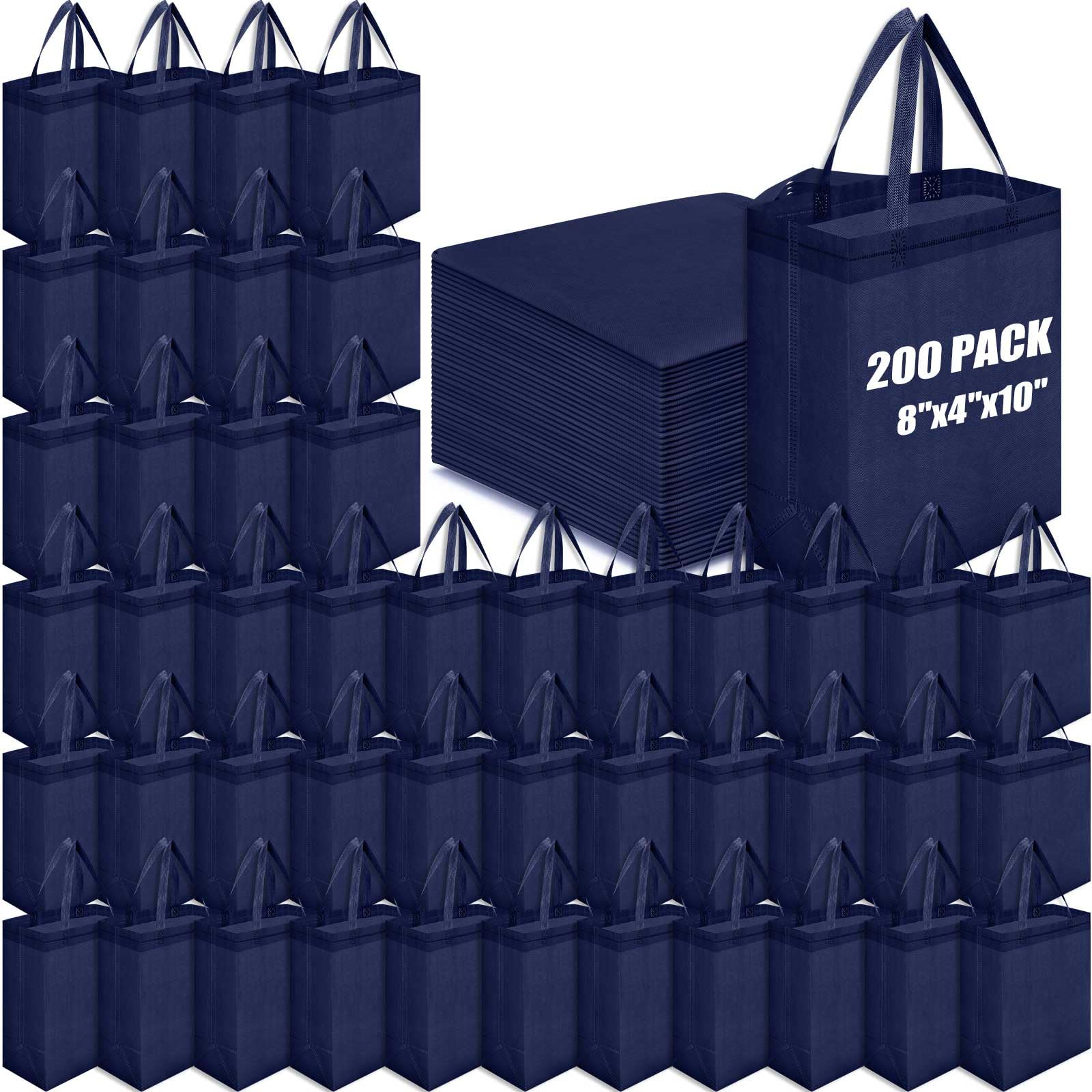 Windyun 200 Pcs Reusable Tote Bag Bulk 8 x 4 x 10 Inch Non Woven Shopping Bag with Handle Christmas Reusable Grocery Gift Tote (Navy Blue)