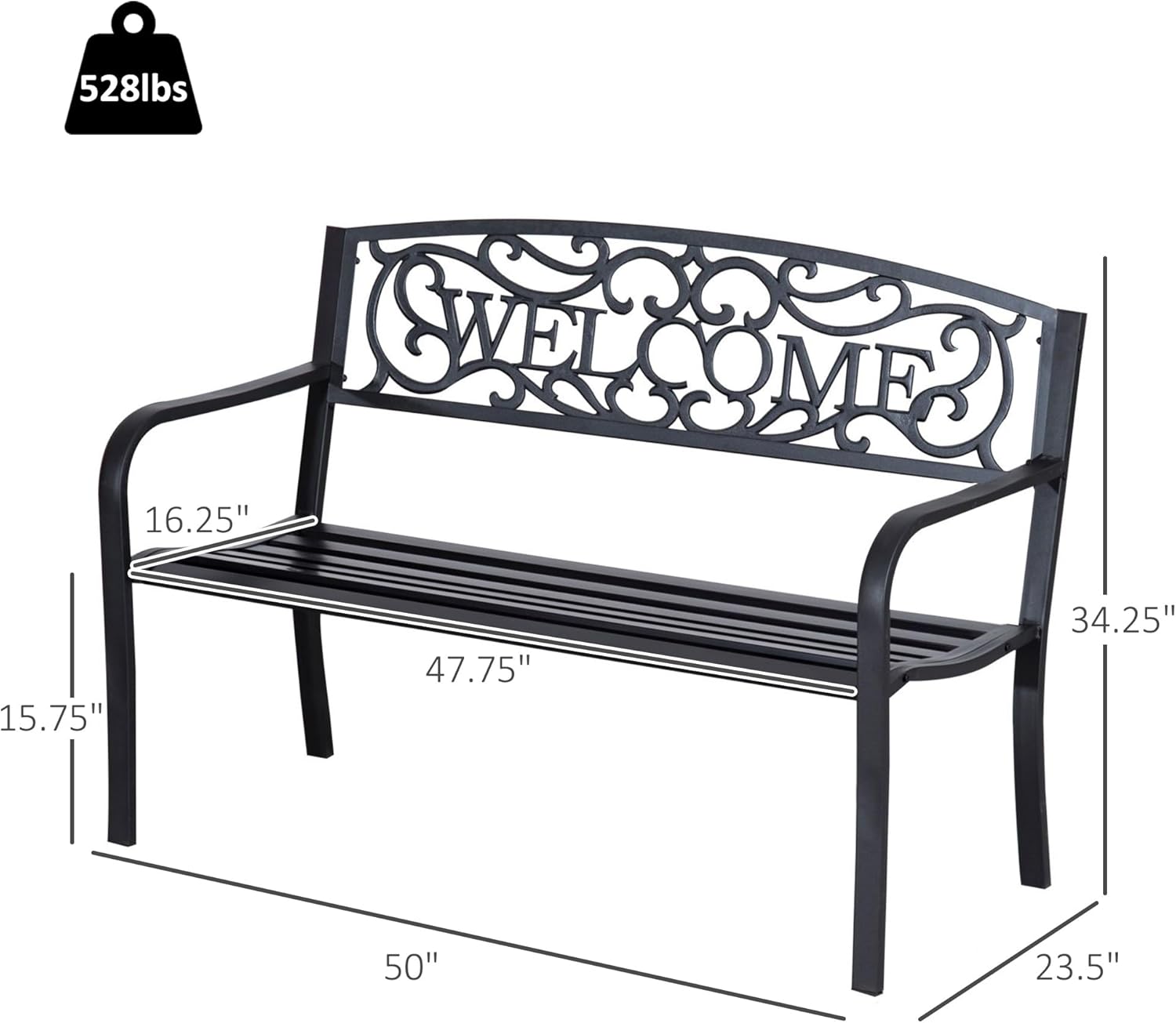 Outsunny 50" Outdoor Metal Welcome Bench, Garden Bench with Slatted Seat, Patio Bench for Park, Porch, Yard, Entryway, Black