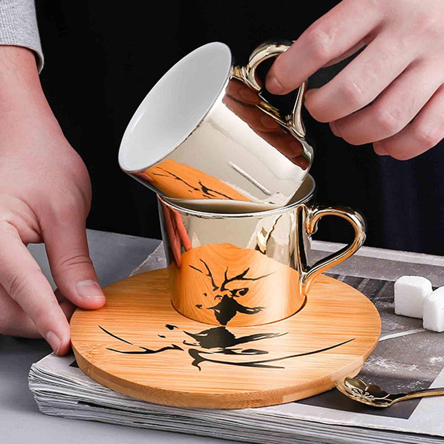 Mirror Cup and Saucer Set Cappuccino Cups Set of 2 Ceramic Gold Animal Espresso Cups with Saucers and Spoons 8 Ounce Tea Coffee Cup with Wood Saucer, Set of 2, Golden Best Gift