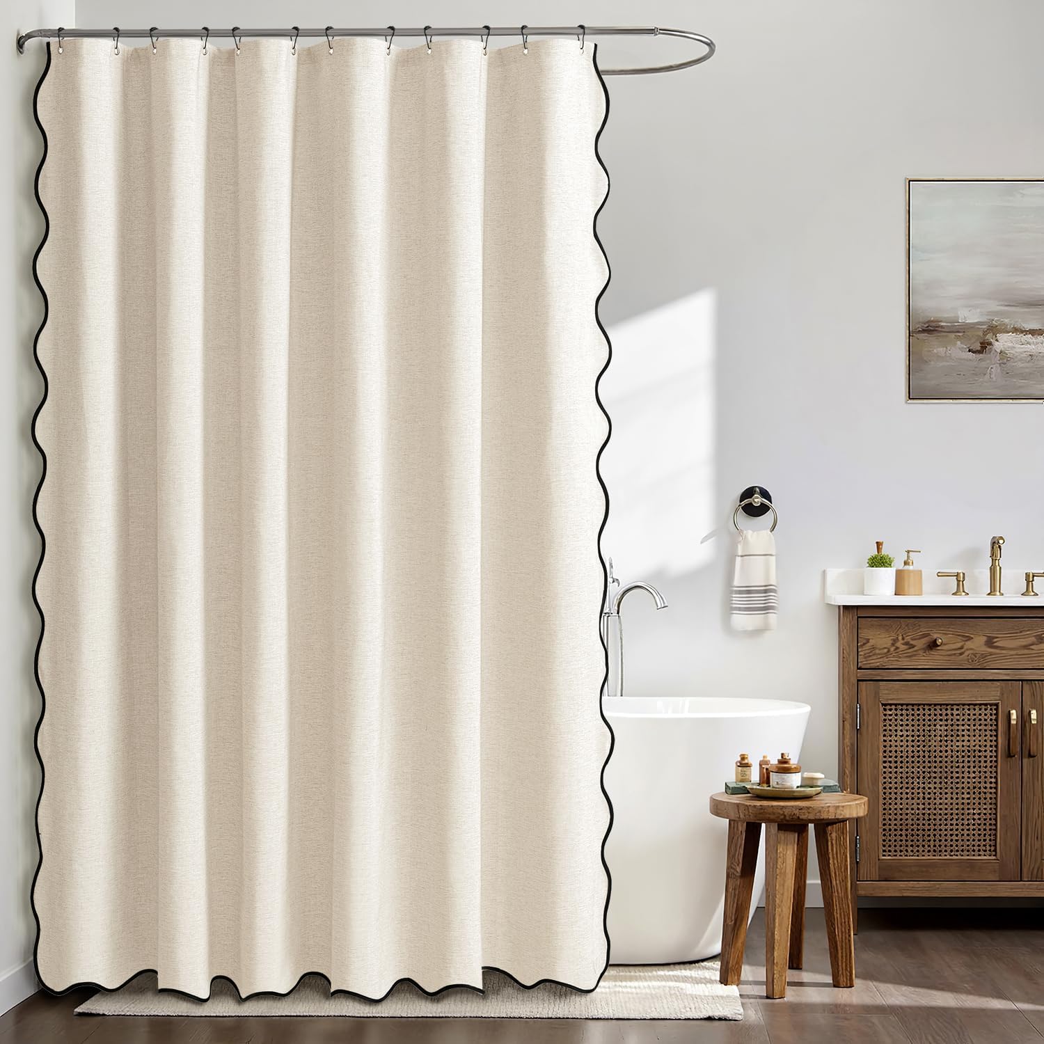 MIULEE Cream White Scalloped Shower Curtain Linen Textured with 12 Metal Hooks Cute Heavy Duty Washable Waterproof Thick Cloth Shower Curtains with Black Border for Bathroom Hotel Bathtub,W72*L72