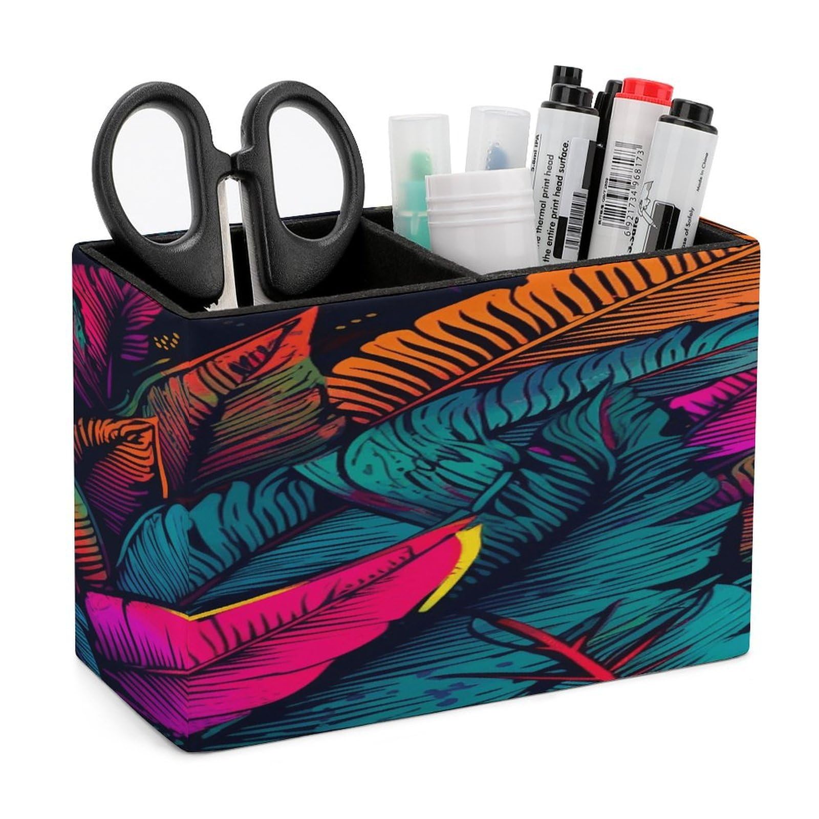 VstaDank Colorful Tropical Leaves Pattern Pen Holder Double Compartments Pen Cup Fashion Makeup Brush Holders Leather Pencil Holder for Work Locker Accessories Modern Pencil Cup for Desk Organizer