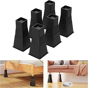 12 inch Bed Risers Heavy Duty, Adjustable Furniture Risers for Bed, Sofa, Table, Chair, Support up to 1500 Lbs Set of 6, Black