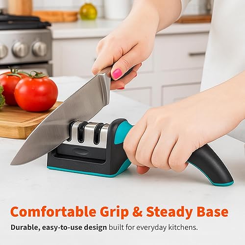 Miniatura 3 de IMUSA - Afilador de cuchillos de cocina con diseño de afilador de cuchillas de acero inoxidable de 3 etapas, fácil de usar, kit ergonómico de