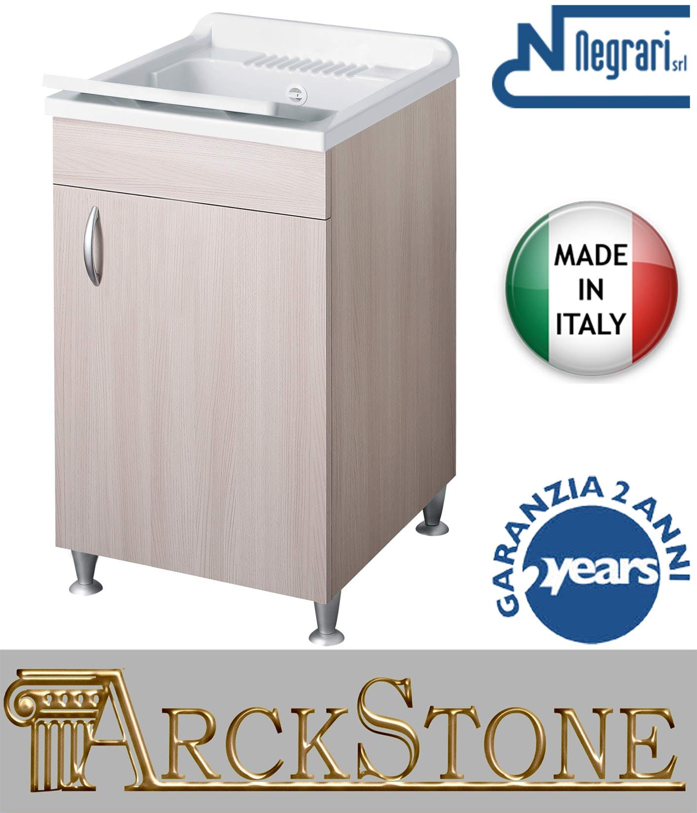 Negrari Eco Lavatoio Montato 50x50 L50 P50 H85 CM Colore Olmo Interno Lavanderia Mobile Nobilitato Idrofugo Legno Vasca Asse Plastica Piedini Regolabili Ante Battenti Economico Qualità Medio Alta