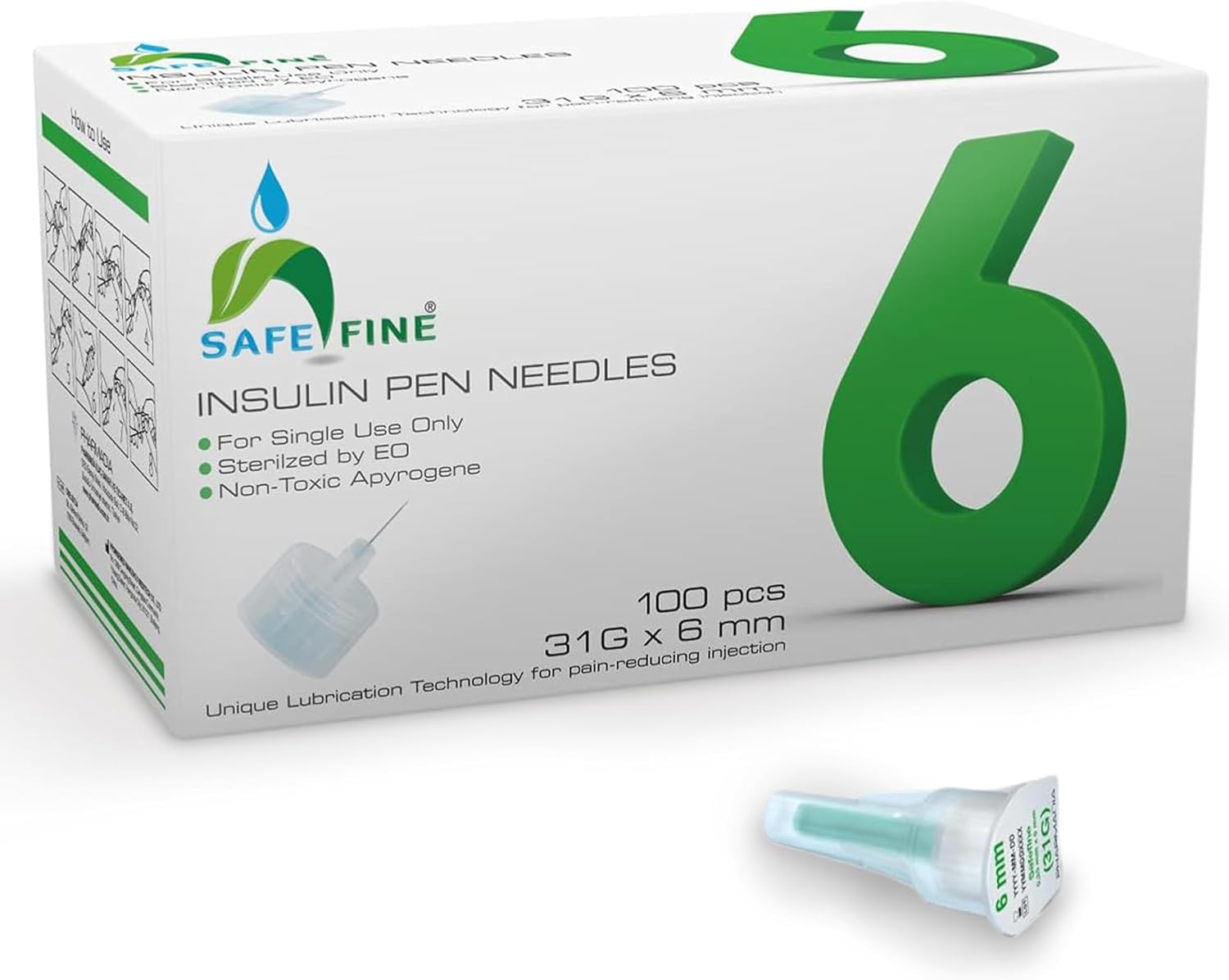 Safe Fine Universal Pen Needle Tips 31G 6mm – Sterile Single-Use, Universal Fit for Standard Pen Devices, 100 Count