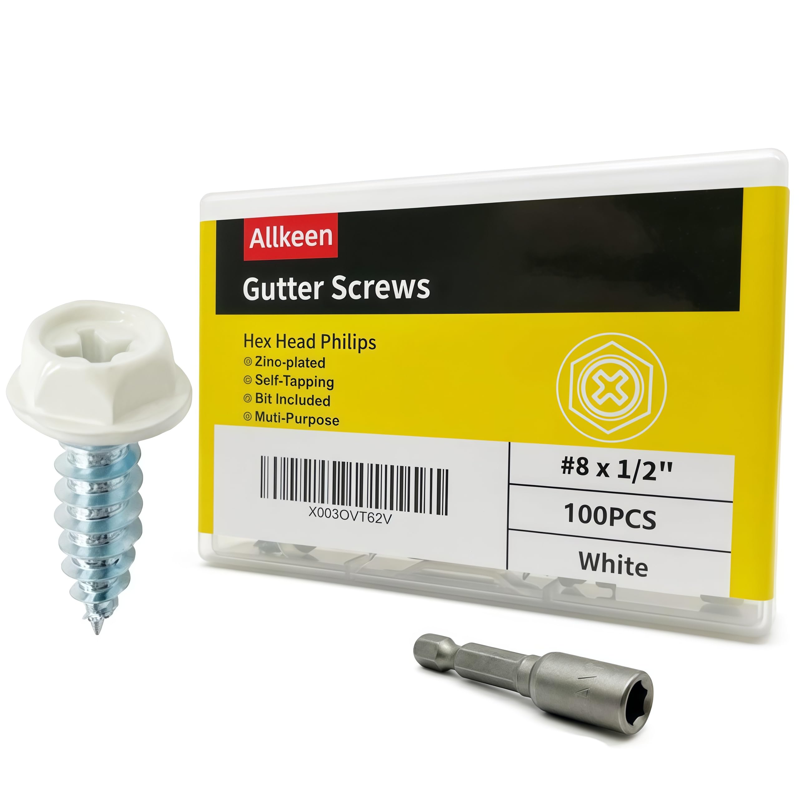 Allkeen #8 x 1/2" Self-Tapping Gutter Screws White Painted Hex Head Zinc Plated Finish, 100 Pieces, 1/4" Magnetic Driver Included
