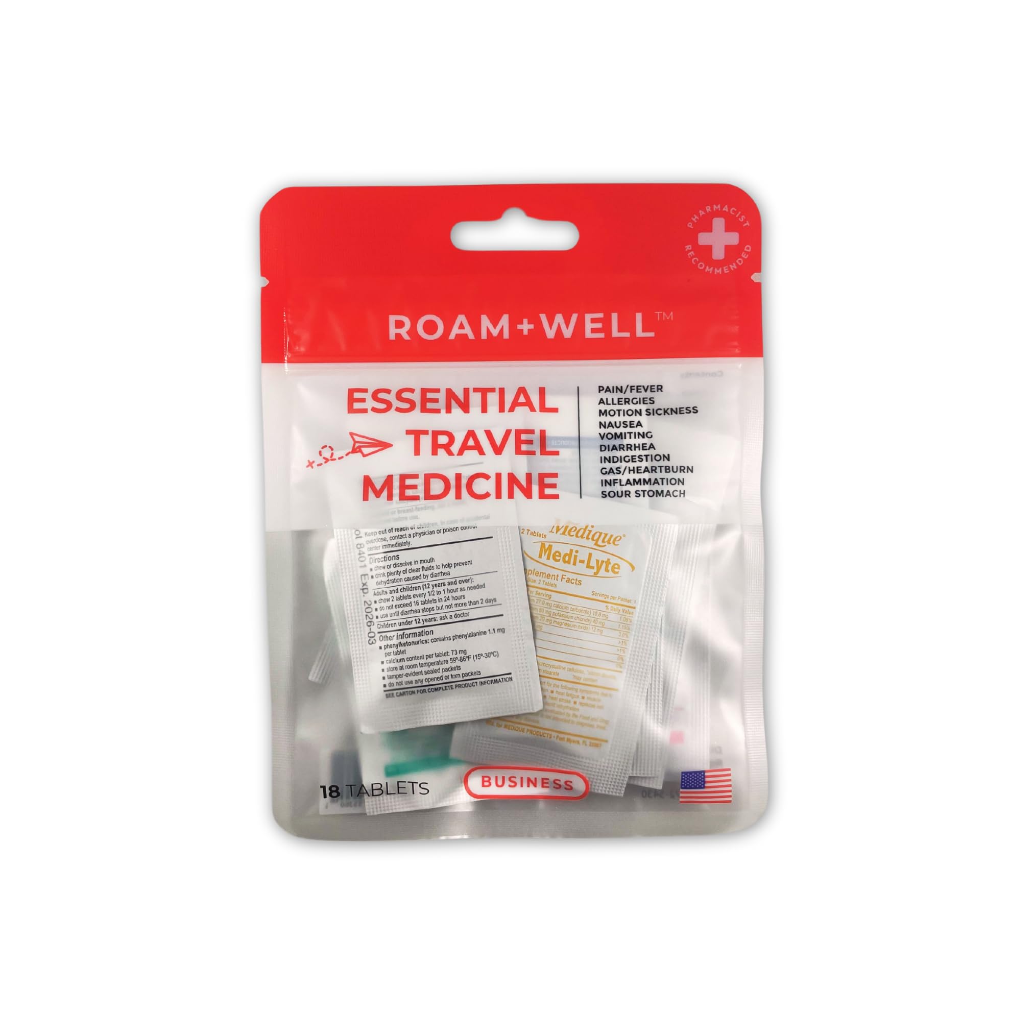 Roamwell Essential Travel Medicine Kit, OTC Travel Medication, TSA Approved (Business | 18 Tablets)