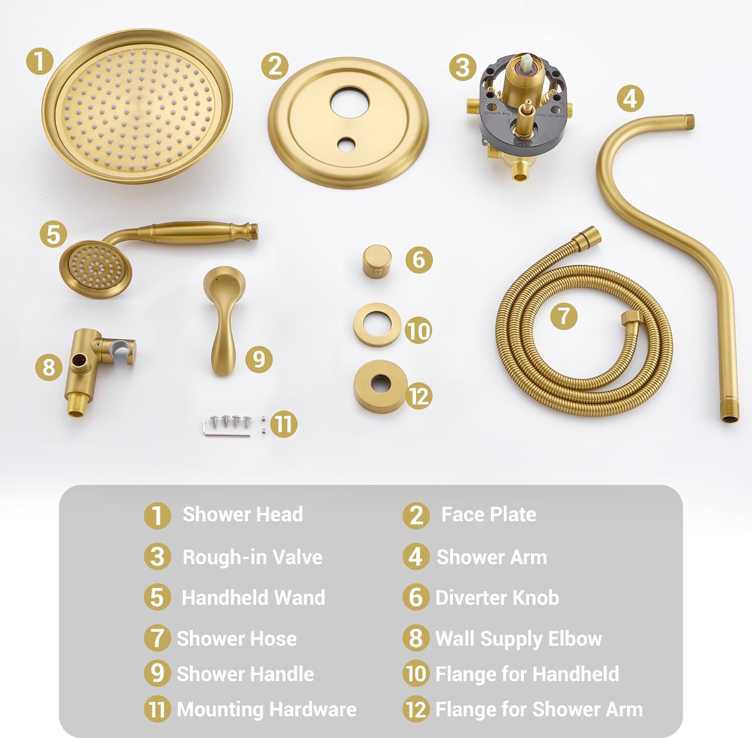 DASAN Brushed Gold Rain Shower System Complete Antique Shower Faucet Sets, Brushed Gold Shower Fixtures Combo with Pressure Balance Valve, Trim Kit, 9'' Rainfall Overhead Shower & Handheld, AT209W-BTG