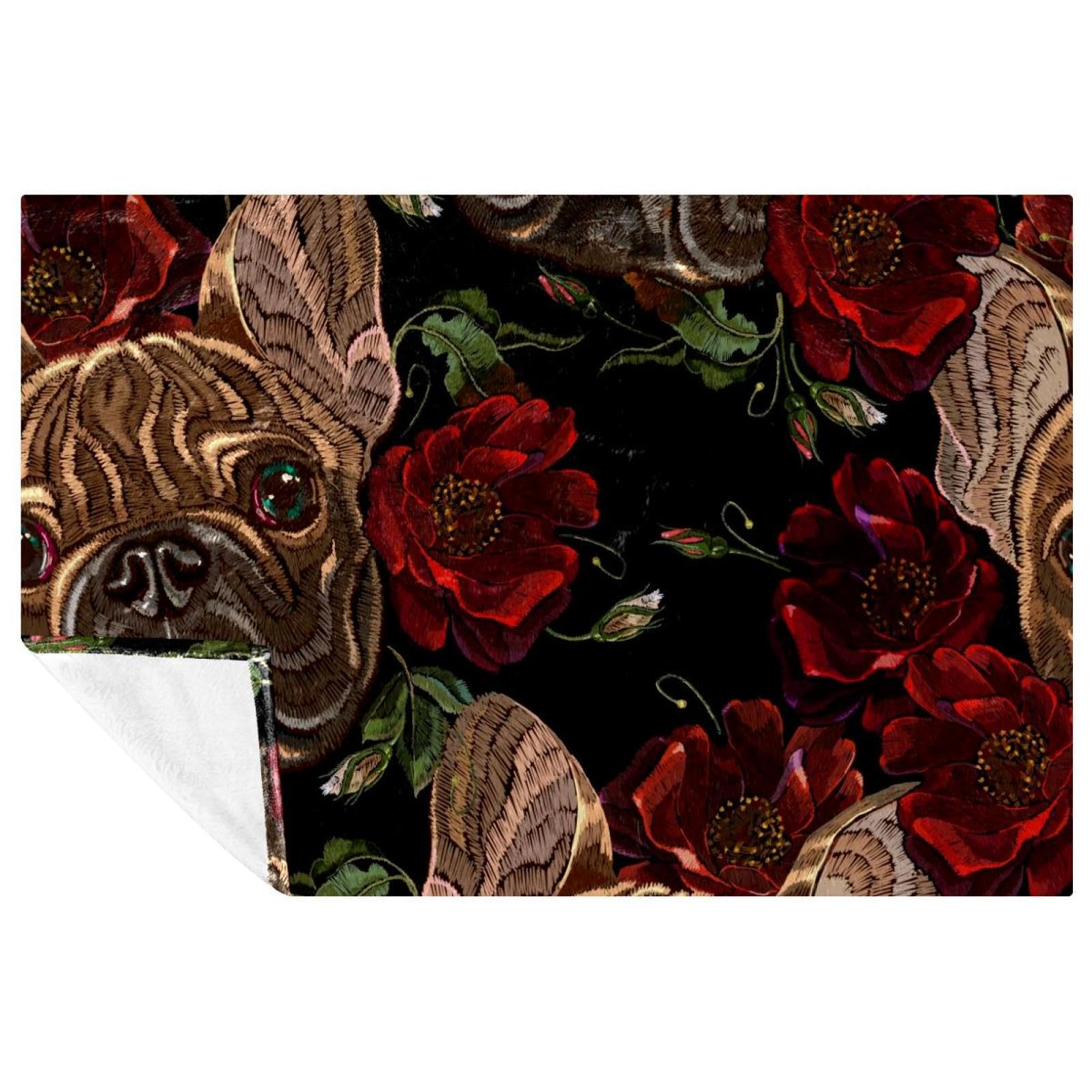 Plaid bouledogue français imprimé rose et rouge de lit 150x100 cm
