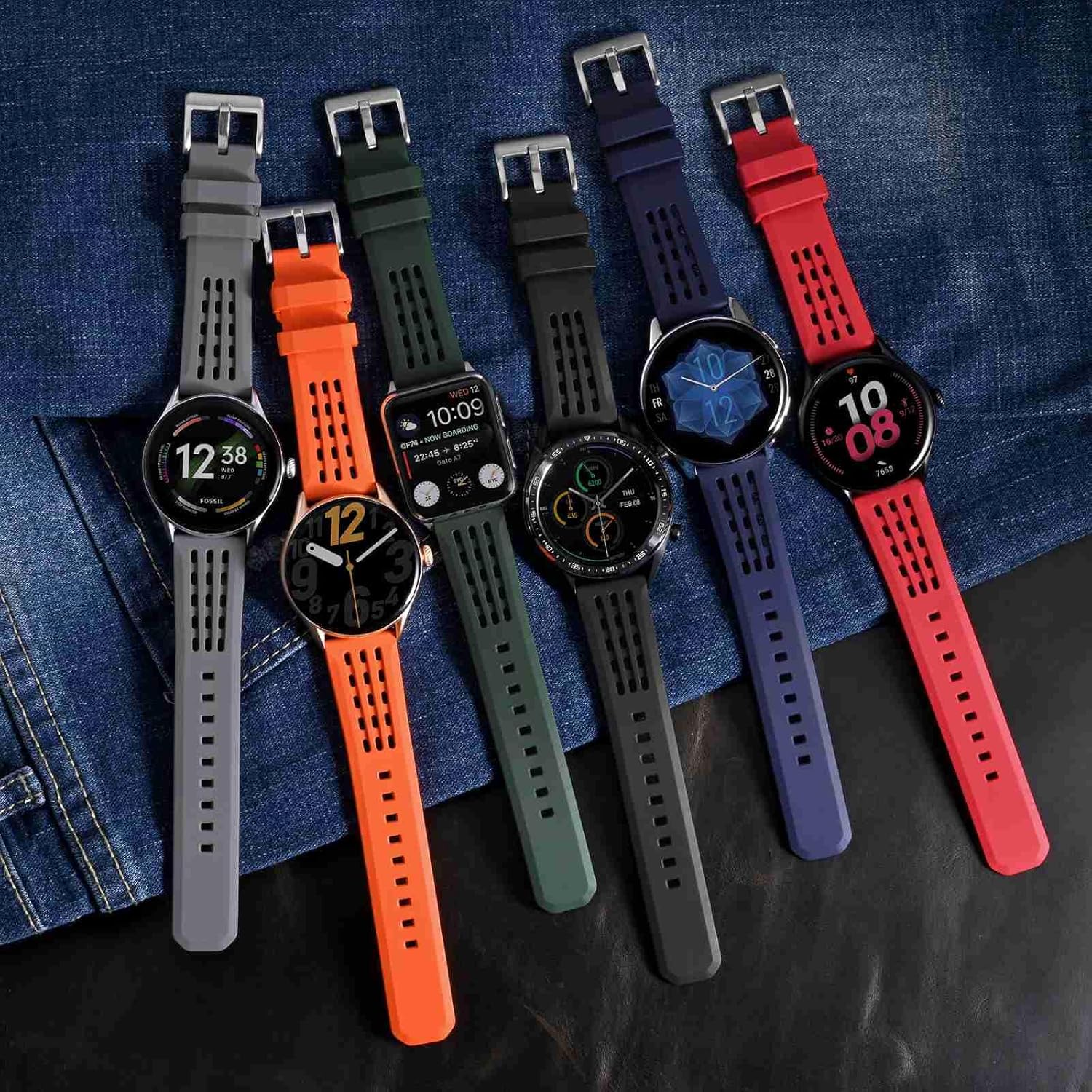 WOCCI 18mm Rally Watch Band, FKM Rubber Strap, Quick Release, Silver Brushed Buckle (Black)