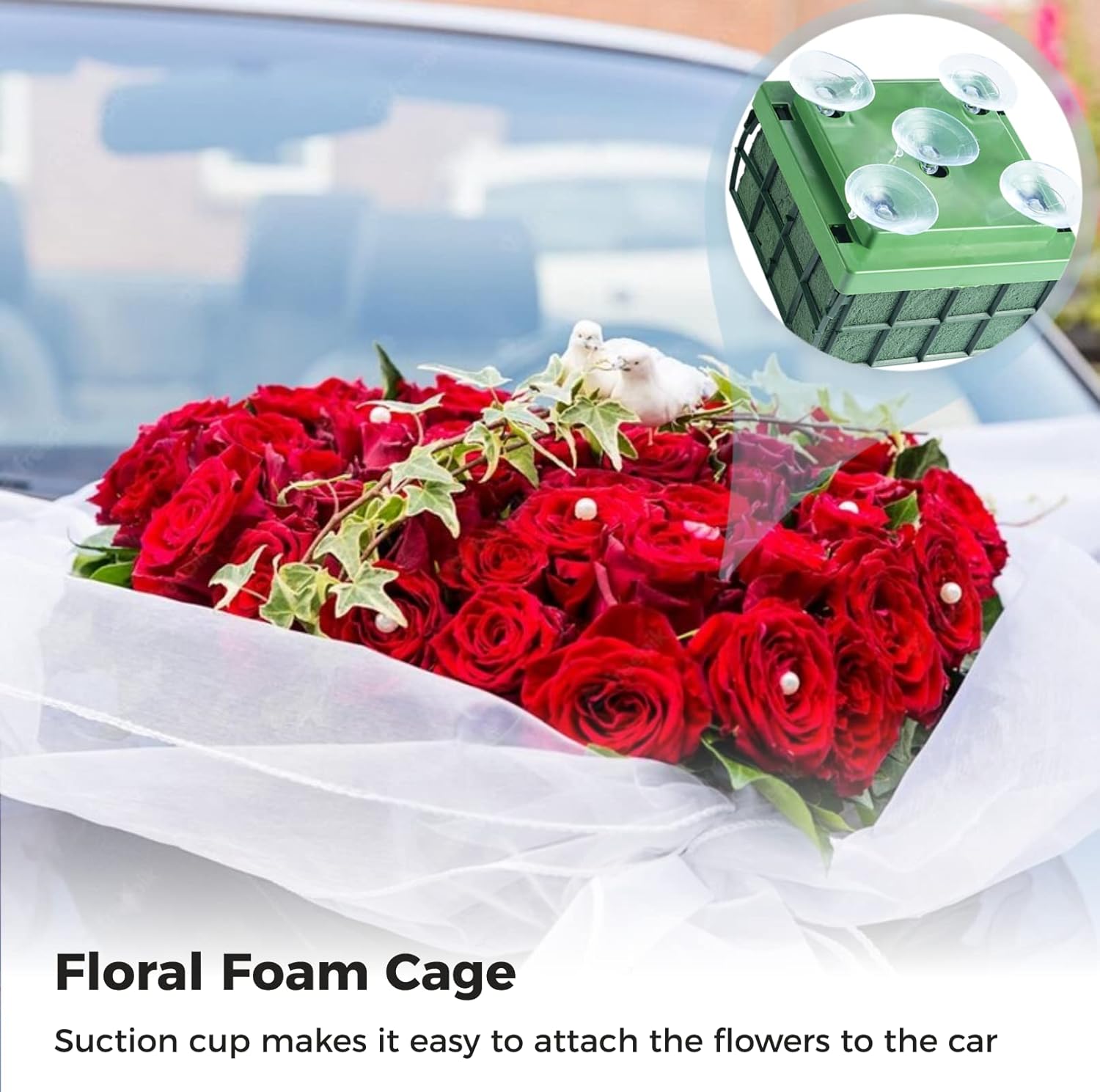 Floral Foam Cage, 4 Pcs Flower Foam Blocks for Flower Arrangement, Suction Cup Floral Holder Sponge with Tapes & Iron Wire, Floral Craft Wet Foam for Home Garden Door Tabletop Florist Wedding Decor