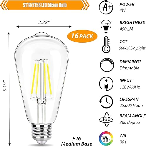 Miniatura 2 de Paquete de 16 bombillas LED Edison equivalente a 40 W, bombilla de filamento LED regulable de 4 W, bombilla ST19 de luz diurna de 5000 K, bombillas