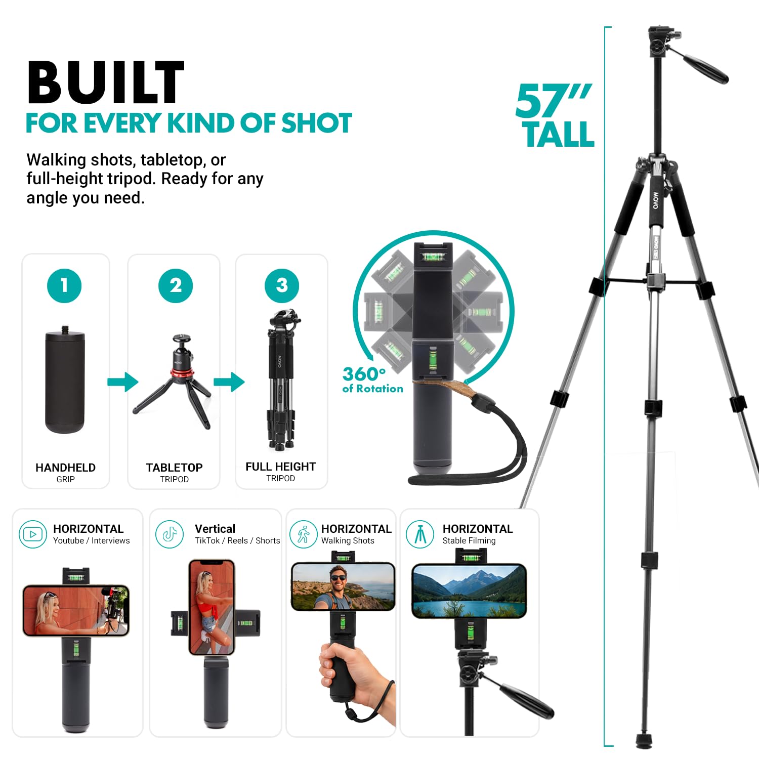 Movo iVlogger-Pro Kit de vlogging avec trépied Complet pour iPhone/Android Youtube Starter Kit pour créateurs de Contenu, Accessoires : trépied de téléphone, Support de téléphone, lumière RVB et