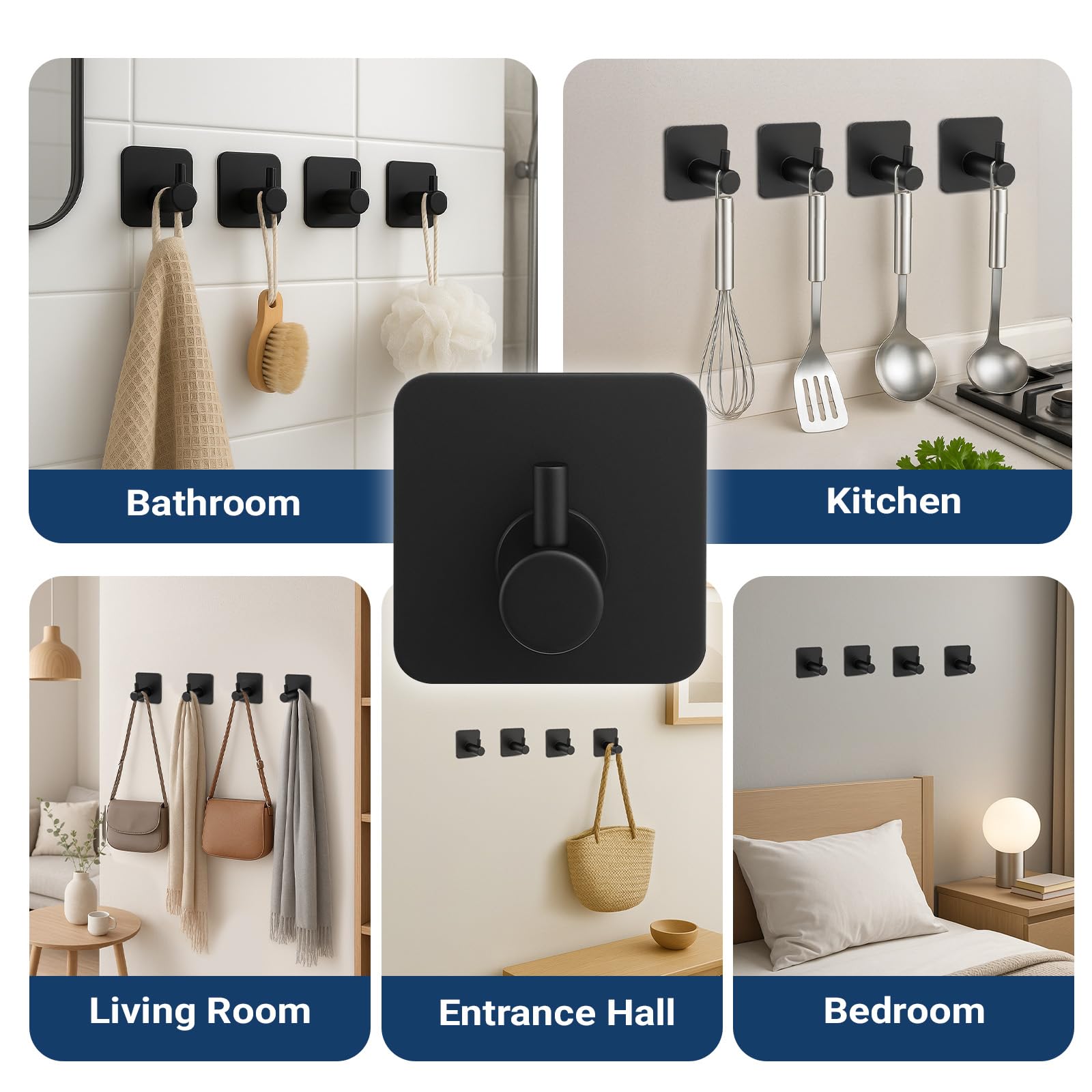 6 Ganchos Adhesivos para Pared Colgadores Adhesivos sin Taladro de Acero Inoxidable 304 con Soporte 10kg Adhesivo 3M Resistente al Agua y óxido para Baño Cocina y Sala Negro 4.5x4.5x2.7cm