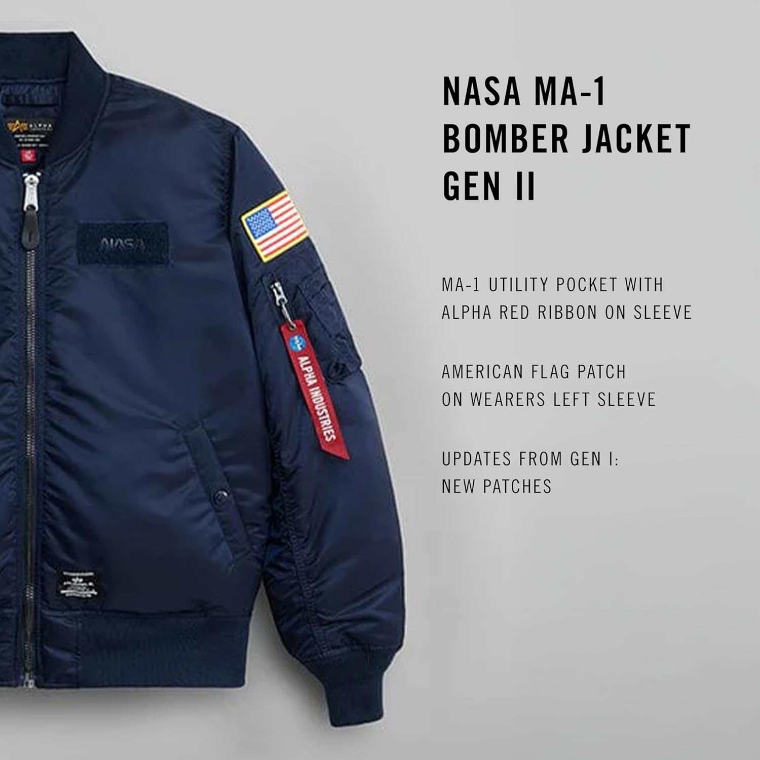 Alpha Industries NASA MA-1 Flight Jacket Gen II, Water-Resistant Bomber Jacket Space-Themed Patches, Utility Sleeve Pocket
