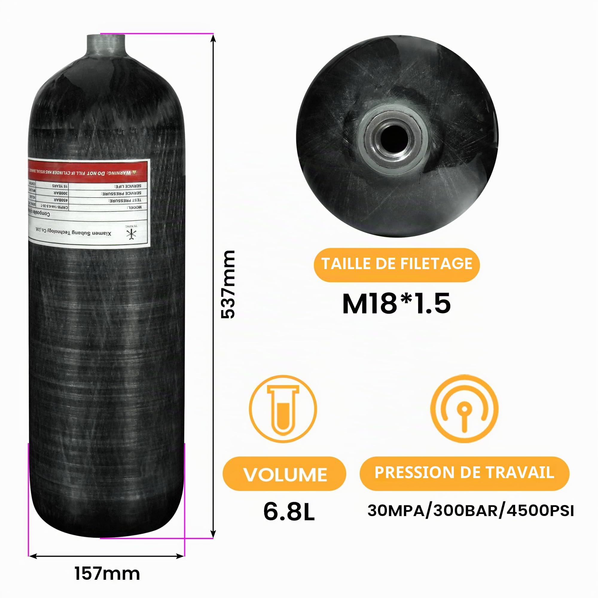 TUXING Réservoir d'air en fibre de carbone 6,8 L 4500 Psi 300 bar (bouteille vide) Station de remplissage Paintball avec deux manomètres Jusqu'à Avec tuyau haute pression de 61 cm M18 x 1,5 Ferreux