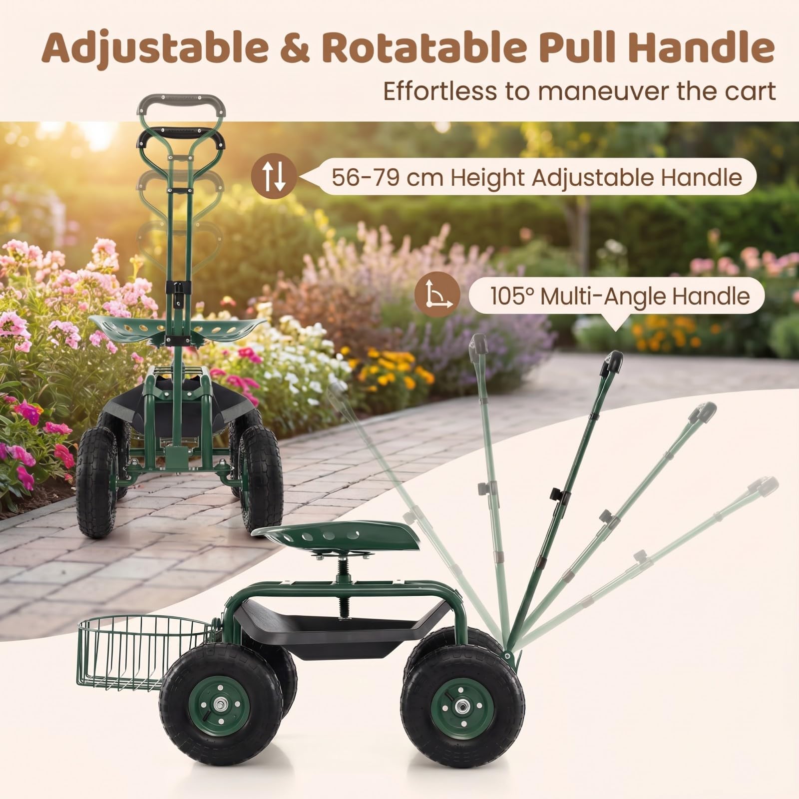 GYMAX Gartenhocker mit Rollen, Gartenwagen mit Verstellbarer Sitzhöhe, ausziehbarem Griff & Aufbewahrungskorb, Rollsitz für Gartenarbeit, Arbeitssitz Gartensitz Grün