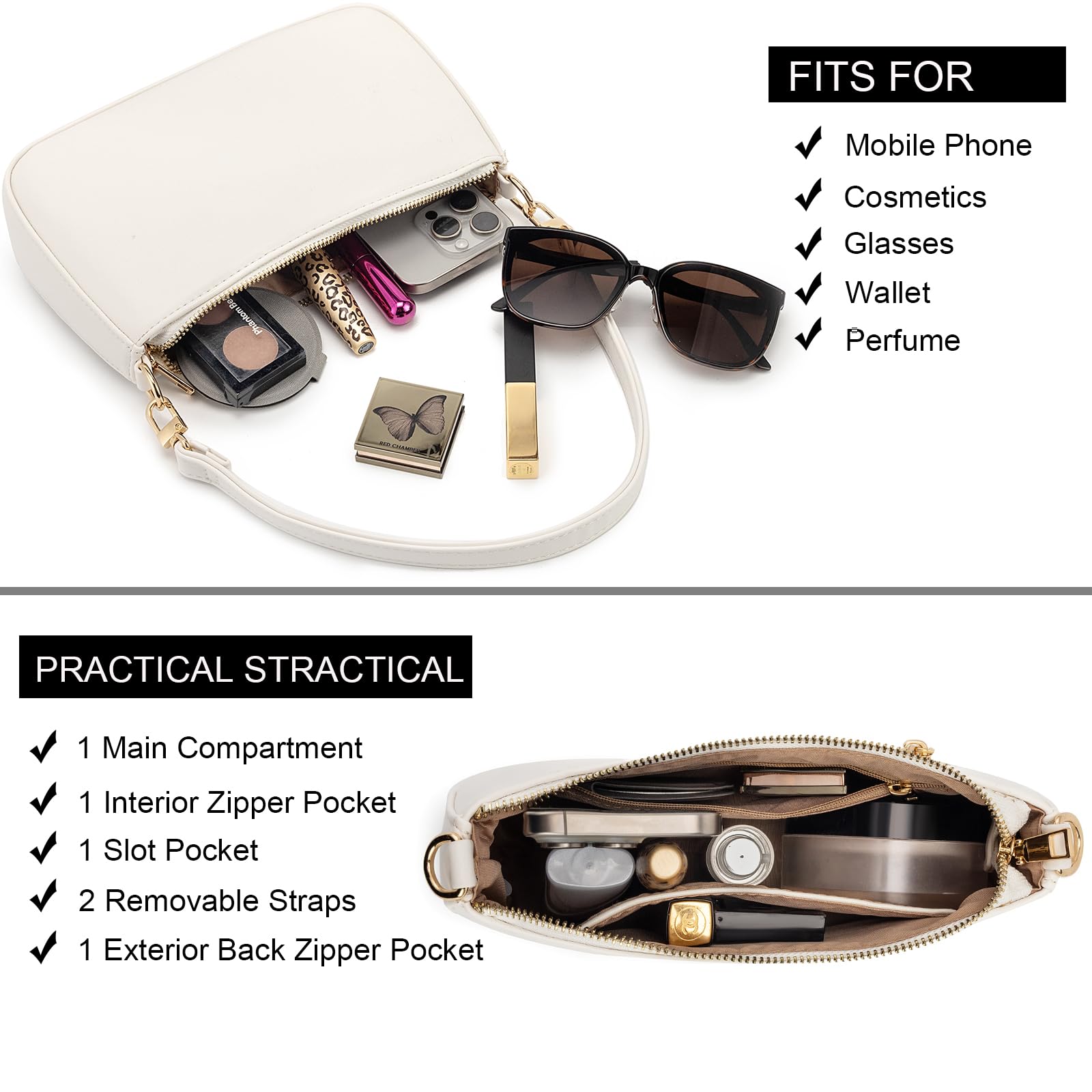 NIUEIMEE ZHOU Shoulder Bag for Women Retro Vegan Leather Classic Clutch Tote HandBags Purses with Zipper Closure: White