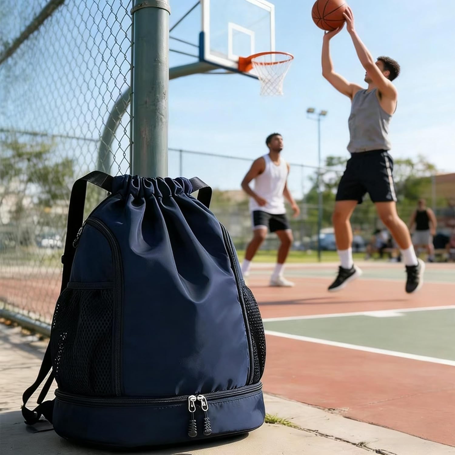 Drawstring Sports Backpack with Shoe Compartment, Nylon Gym Bag, Lightweight Foldable Sackpack for Swimming, Yoga (Deep Blue)