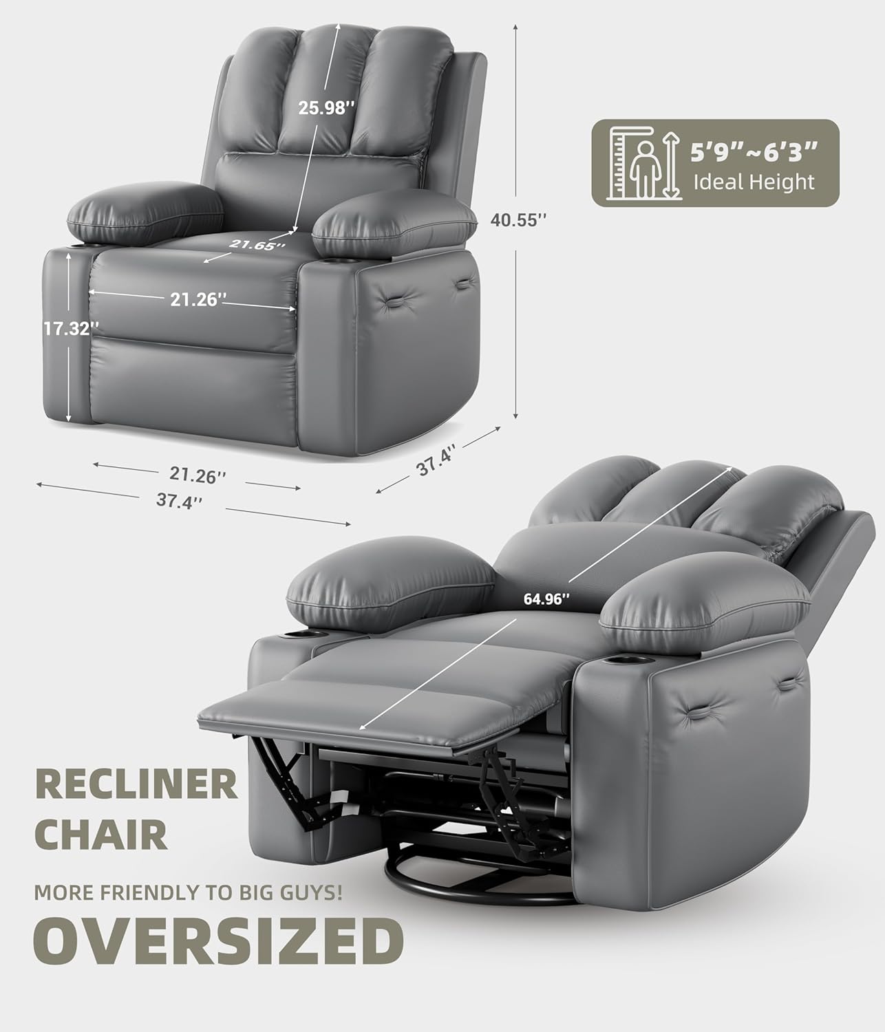 GarveeHome Recliner Chairs, Classic Manual Leather Recliner, Home Theater Seating with Lumbar & Arms Support for Living Room, Bedroom and Nursery (Gray, 22") Grey 22"