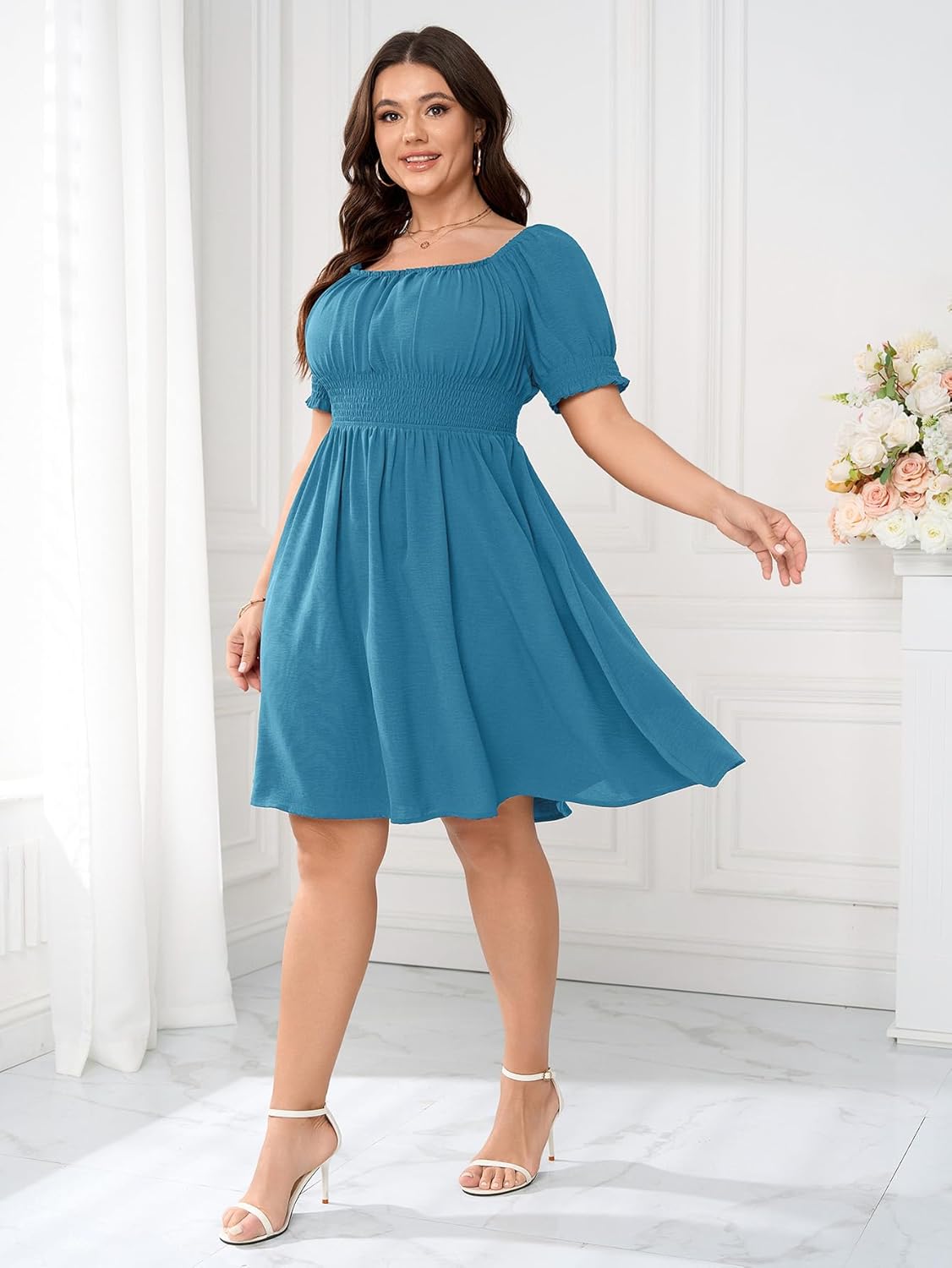 Women Plus Size Square Neck Mini Dress Puff Sleeve Smocked Flowy A-Line Boho Casual Short Dresses - Image 2